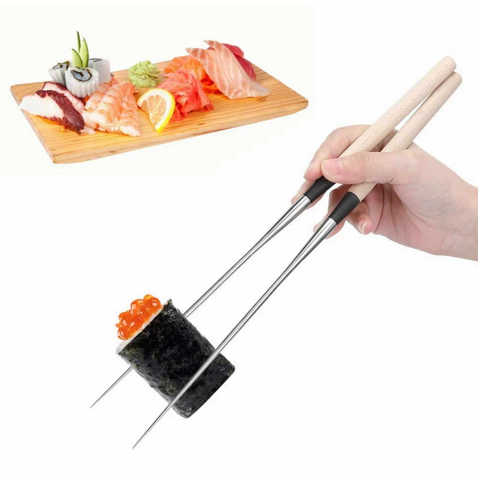 Ejoyous Bacchette in Acciaio Inossidabile con Manico in Legno Bacchette per Sushi Giapponesi 304 Punte Appuntite per per Alimenti 2 Dimensioni per la di Casa Ristorante Servire (Grande 30 cm)