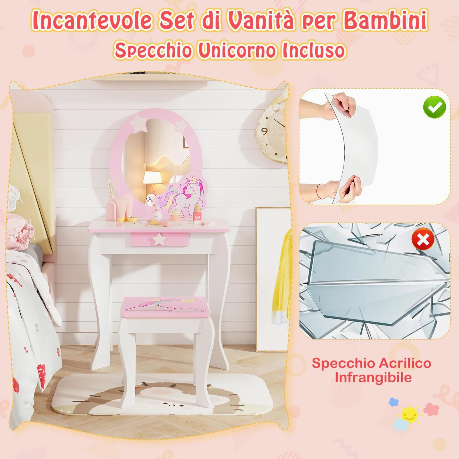 COSTWAY Set Toeletta per Ragazza, Toeletta Trucco per Bambini con Sgabello, Specchio Staccabile e Cassetto, Postazione Trucco in Legno per Cameretta 49.5 x 35.5 x 89cm (Bianco)