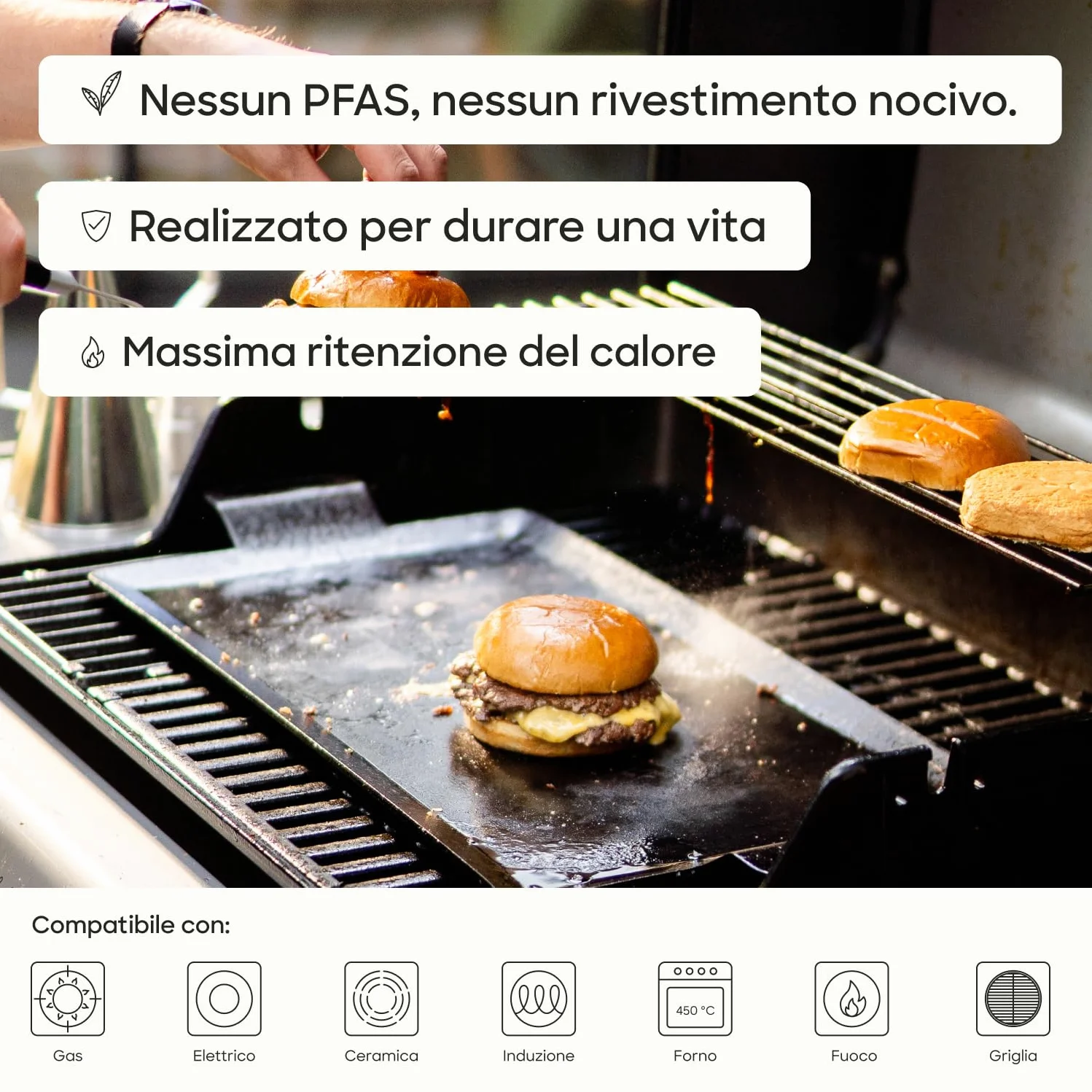 Gastrotools Piastra Grill Professionale in Acciaio al Carbonio (62 x 27 cm) – Massimo Controllo e Mantenimento del Calore – Antiaderente Senza PFAS – Adatta per Induzione, Gas, Forno e Barbecue