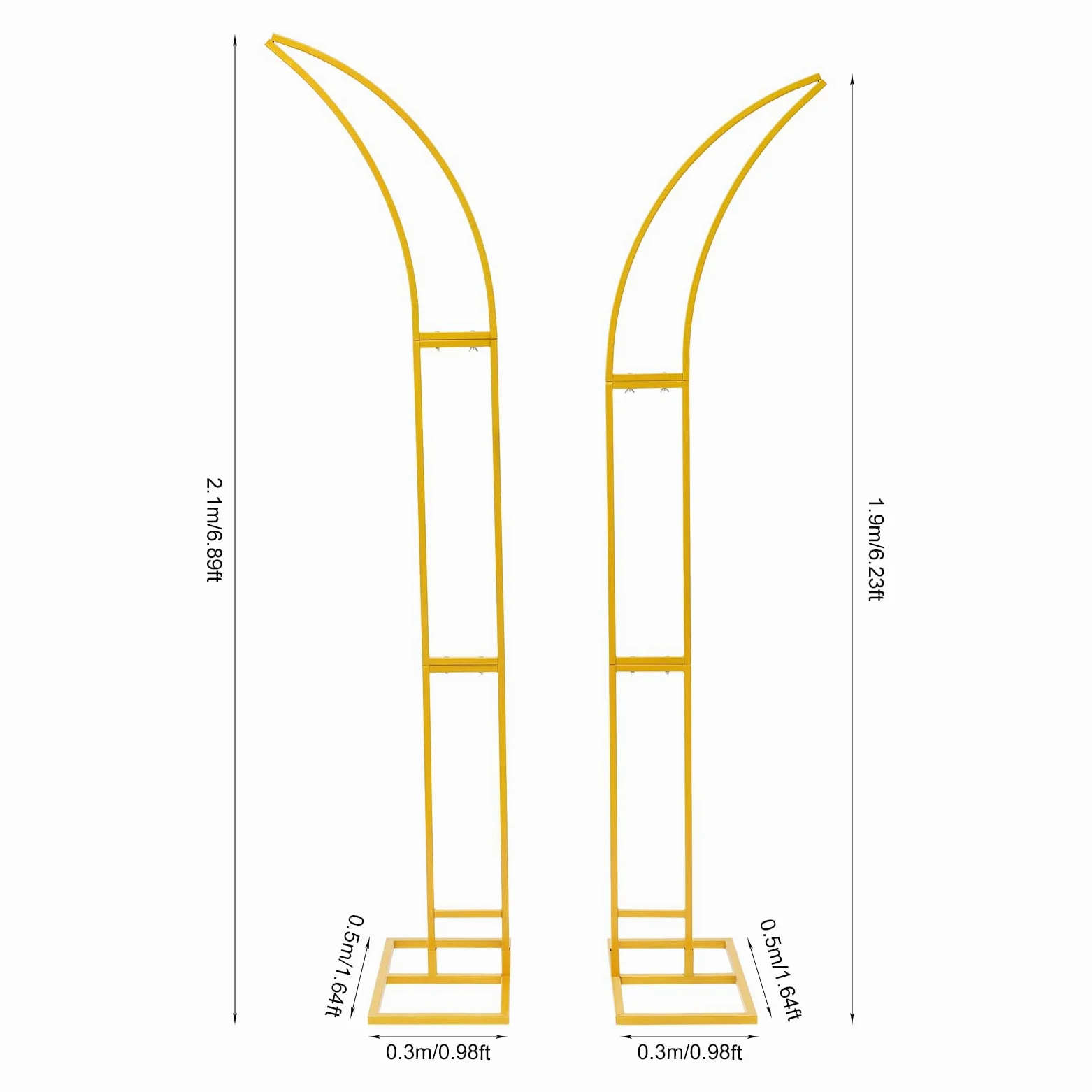 Set di 2 supporti per arco per matrimonio, arco di fiori a forma di mezza luna, supporto per sfondo in metallo, 2,1 m e 1,9 m, ideale per matrimoni, compleanni e feste (oro)