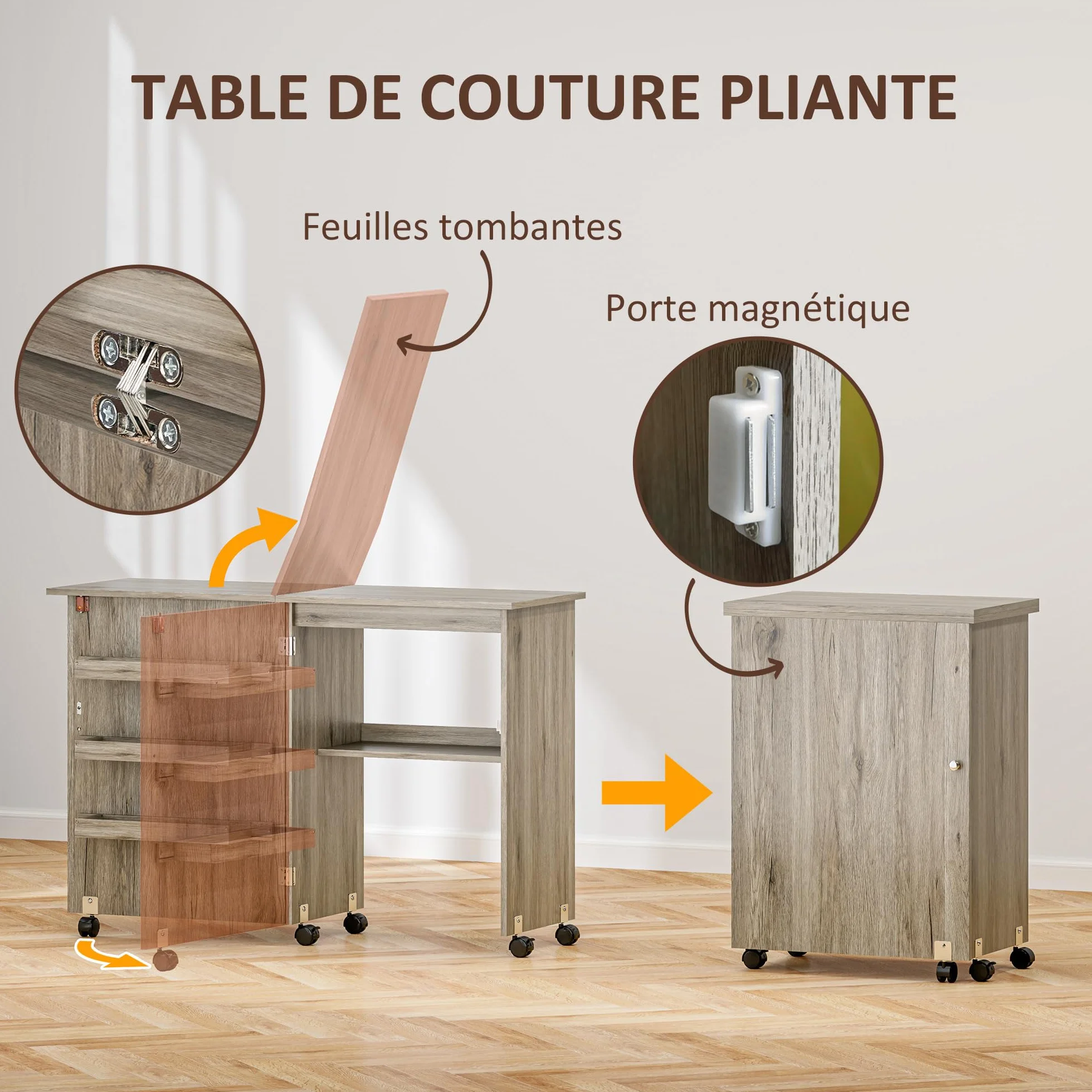 HOMCOM Tavolo da cucito pieghevole, mobile da cucito con cassetti portaoggetti, ripiano aperto e ruote, mobile per macchina da cucire, per soggiorno, ufficio, 117 x 40 x 77,5 cm, effetto legno grigio