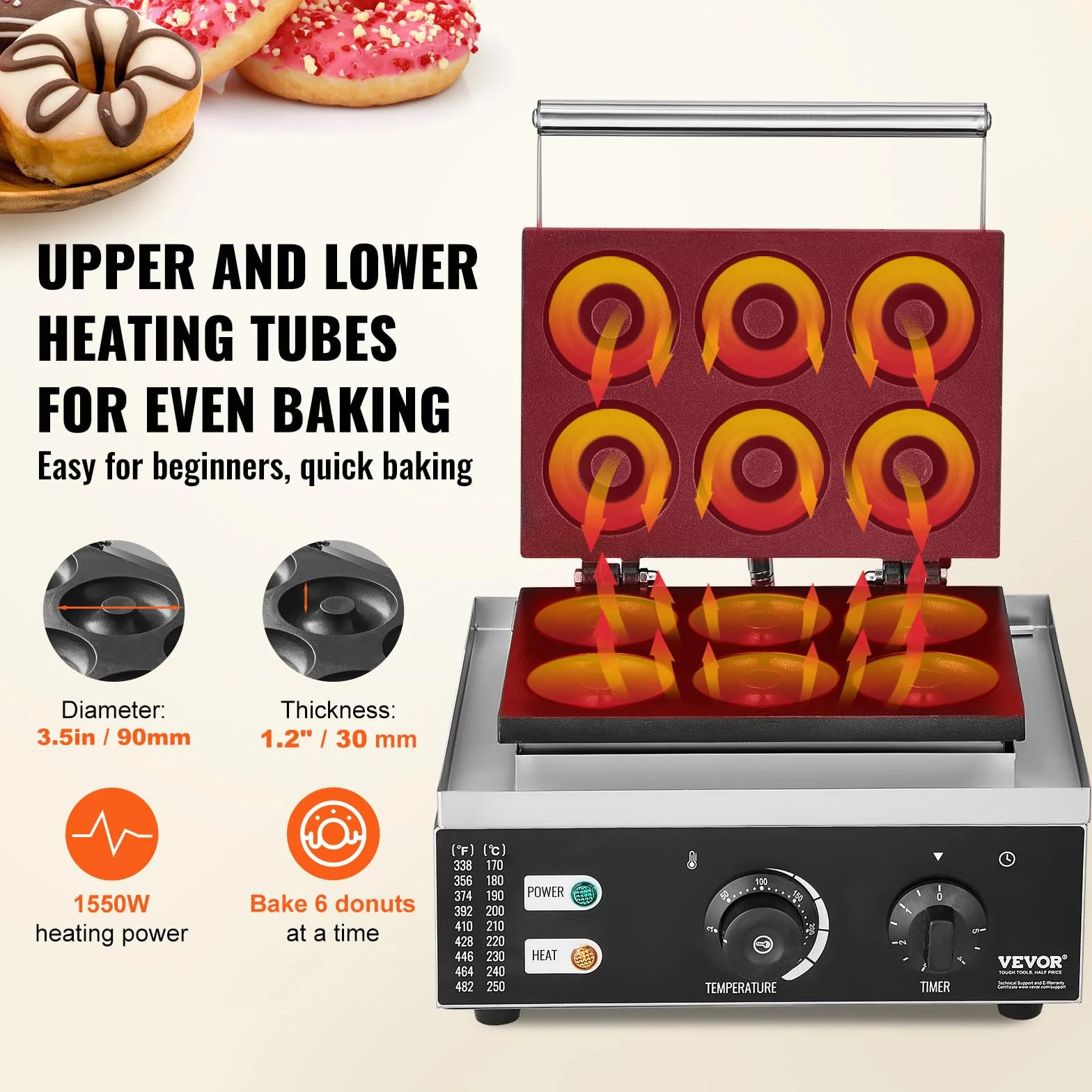 VEVOR Macchina per Ciambelle Elettrica 1550 W Macchina per Ciambelle Commerciale con Superficie Antiaderente, Entrambi Lati, Produce 6 Ciambelle, Temperatura 50-300 ℃, per Ristorante, Uso Domestico