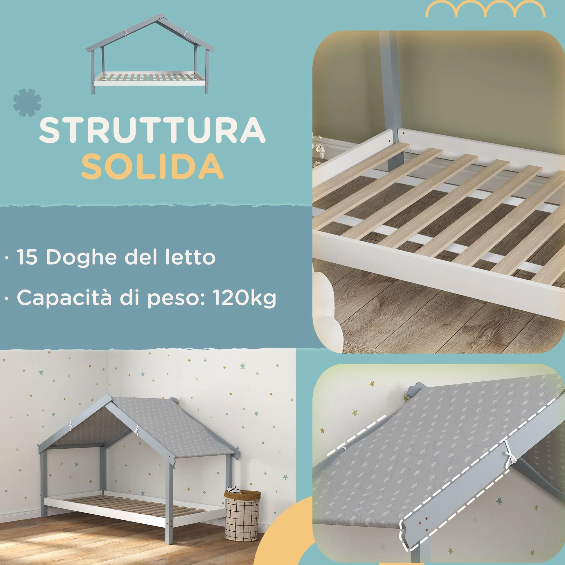 HOMCOM Letto Montessori per bambini a Casetta con Tetto Stellato, Letto per Bambini 90x190 cm per Cameretta con Struttura in Legno di Pino, 15 Doghe e Barriere di Protezione, Grigio