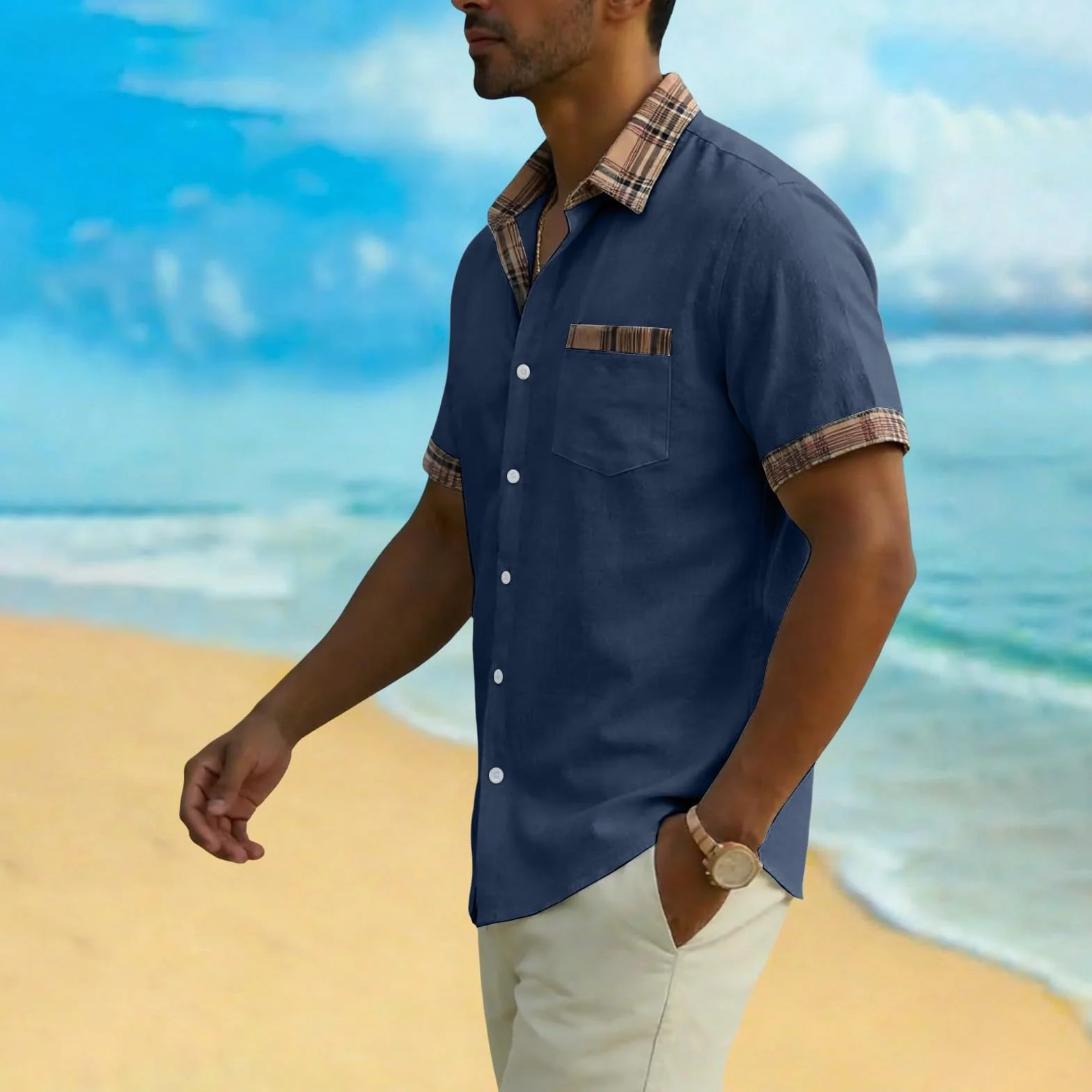 Camicia da uomo a maniche corte con bottoni casual estiva con tasca sul petto