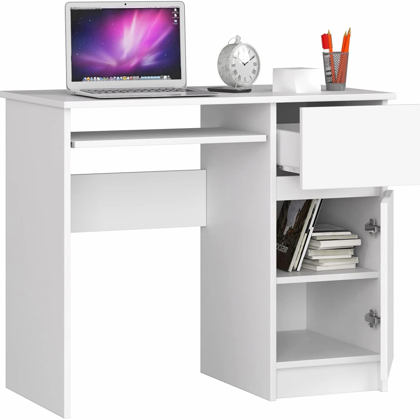 Tavolo per computer, tavolo da ufficio, con 1 cassetto, 2 ripiani e un ripiano estraibile per tastiera, 90 x 50 x 77 cm, piano in laminato resistente all'abrasione con bordo ABS, bianco, destro