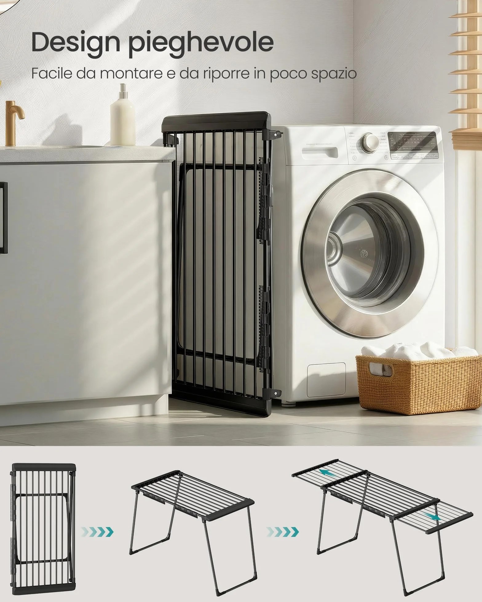 SONGMICS Stendibiancheria Pieghevole 22 m, Ali Estensibili, Porta Calzini, Nero Inchiostro