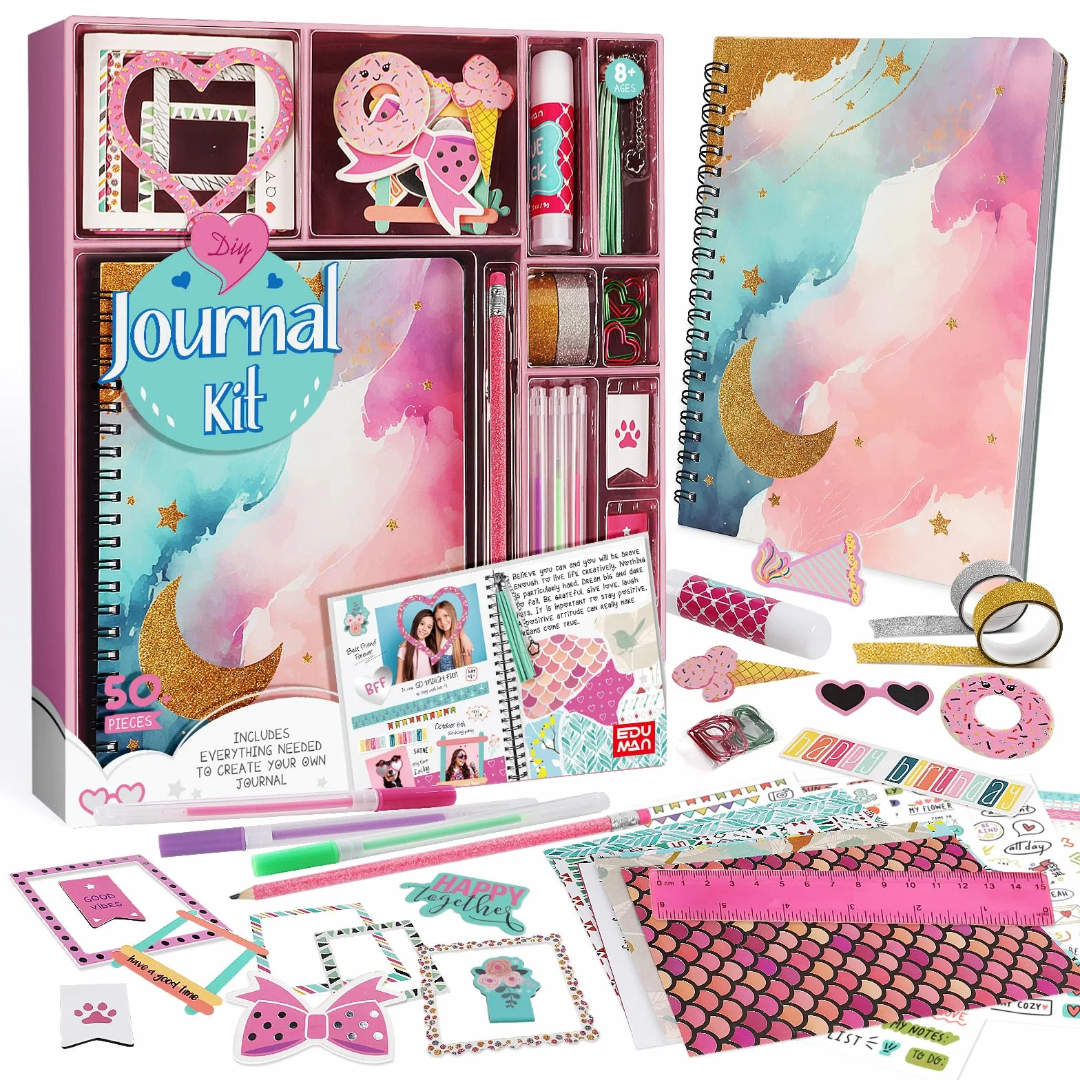 EDUMAN Scrapbook Accessorio Set, Bullet Junk Journal Set con Journaling Scrapbook Accessorio, A5 Raster Notebook, DIY Scrapbook Regalo per Ragazze (Rosa)