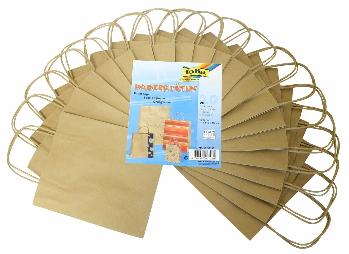 IDENA Folia 21210 - Sacchetti di Carta Kraft Carta, 12 x 5.5 x 15 cm, 20 Pezzi, Naturale
