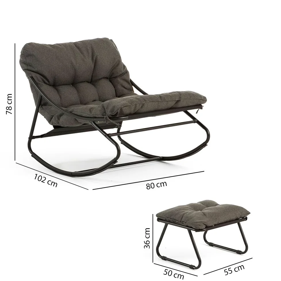 SIEDITI FUORI E DENTRO Poltrona a dondolo con poggiapiedi e cuscini imbottiti, sedia a dondolo da lettura e relax per veranda, terrazza - Adelaide (Grigio scuro)