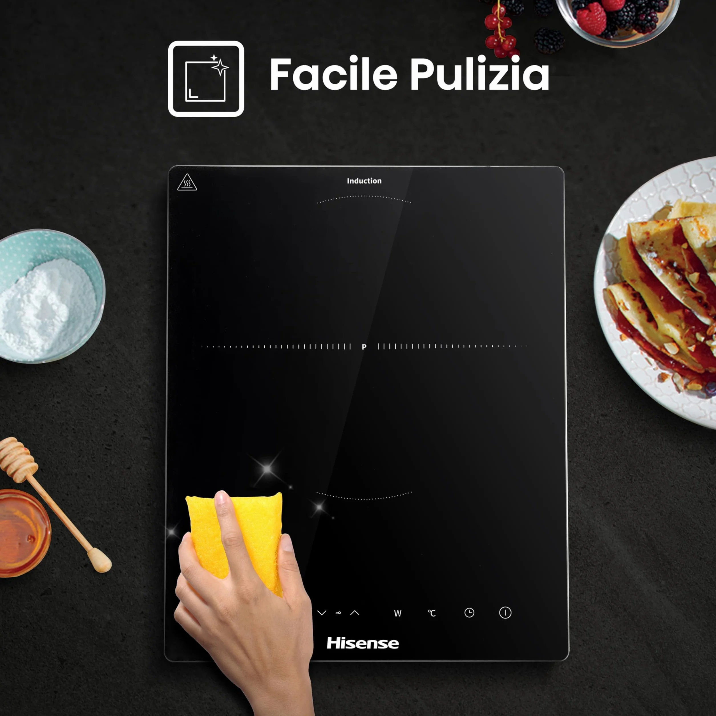 Hisense HIC2000Y Piano a Induzione Portatile 2000W 10 Livelli Timer Power Boost Controlli Touch Vetroceramica Nero