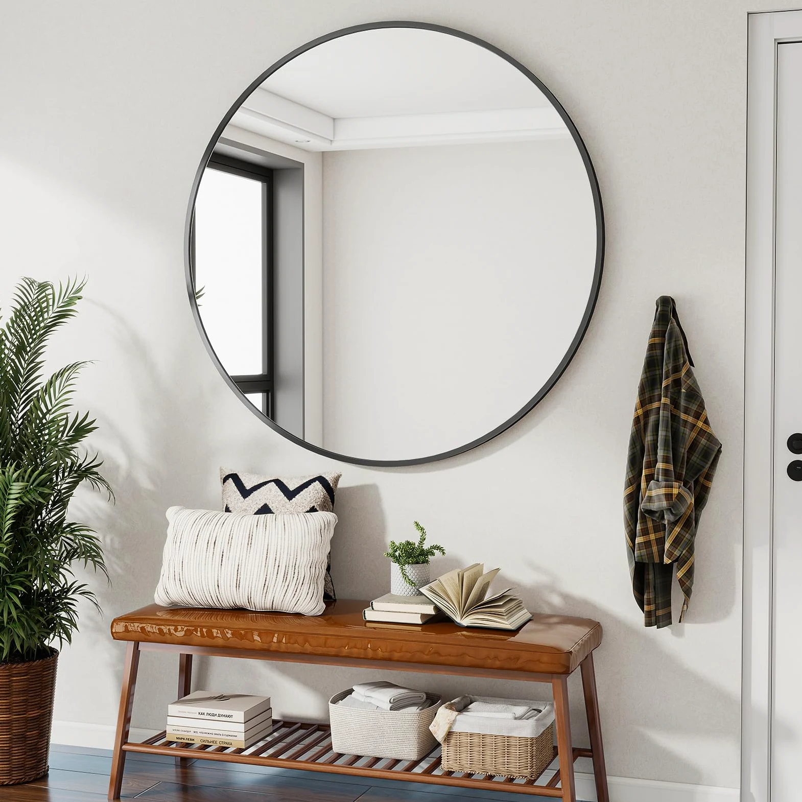 Koonmi Specchio rotondo grande 106 cm nero, specchio da parete rotondo con telaio in lega di alluminio per bagno, lavandino, soggiorno, camera da letto, decorazione da parete d'ingresso