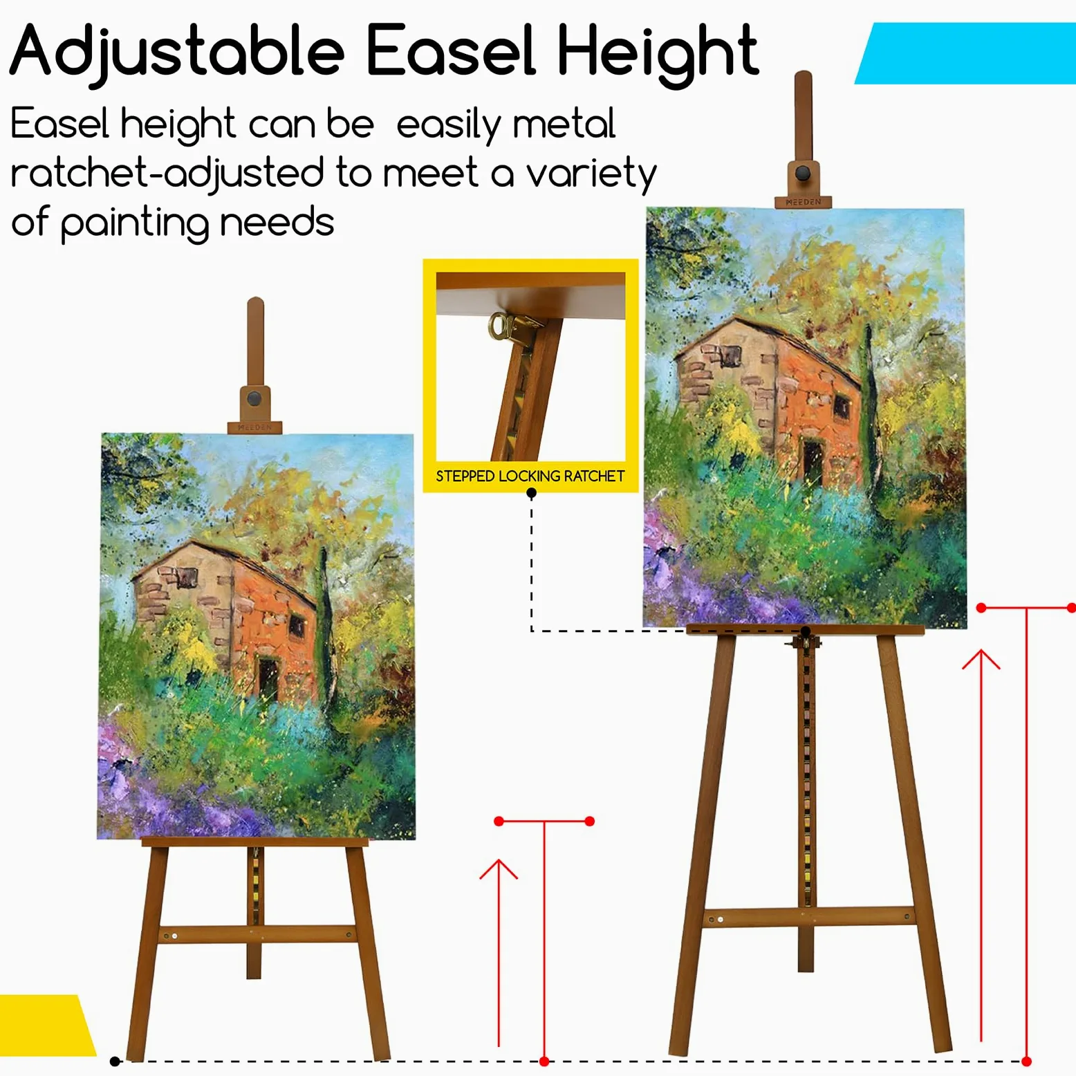 MEEDEN Cavalletto da Pittura in Legno Per Arte: Cavalletto da Esposizione in Legno Massiccio di Faggio Supporta Tele Fino a 110 cm - Cavalletto Regolabile da 145-193 cm - Noce