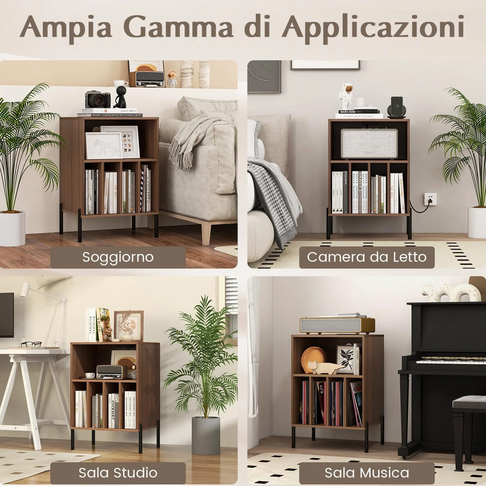 RELAX4LIFE Supporto per Giradischi con Stazione di Ricarica, Porta Vinili con 5 Scomparti e Gambe in Metallo, Scaffale per Dischi in Vinile per Soggiorno, Camera da Letto (Noce)
