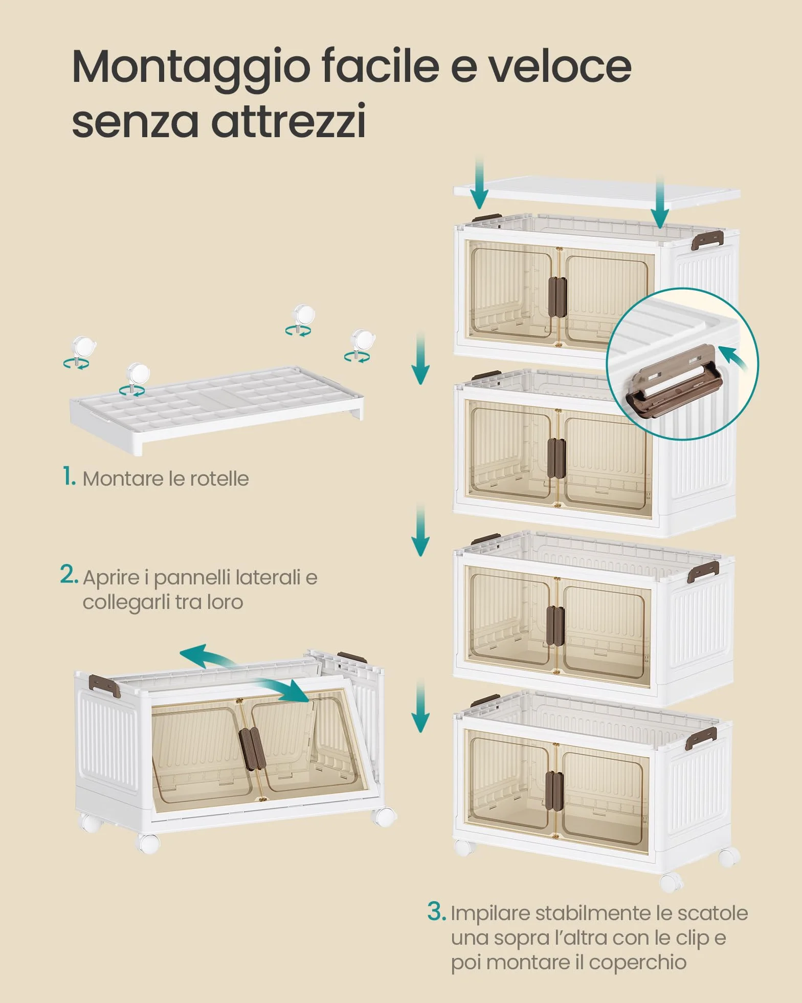 SONGMICS Contenitori 4 Livelli 55 L Organizer Armadio con Coperchio Scatole Plastica Impilabili con Ruote Sportello Magnetico Bianco