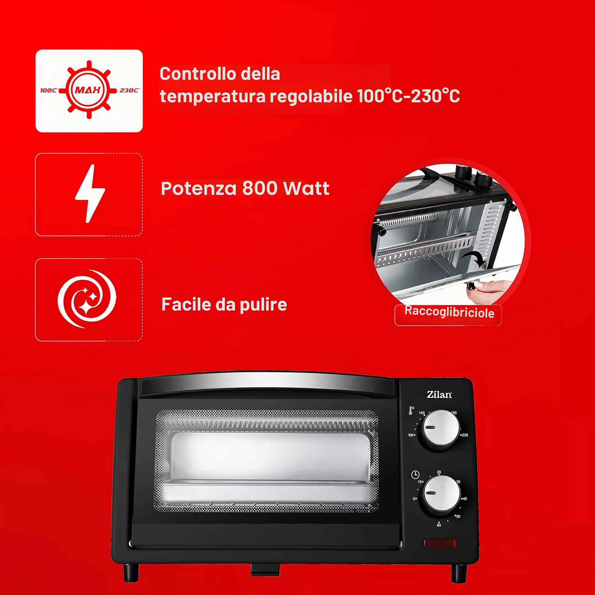 Forno Elettrico 9 Litri 800 Watt Doppio Vetro Timer Zilan