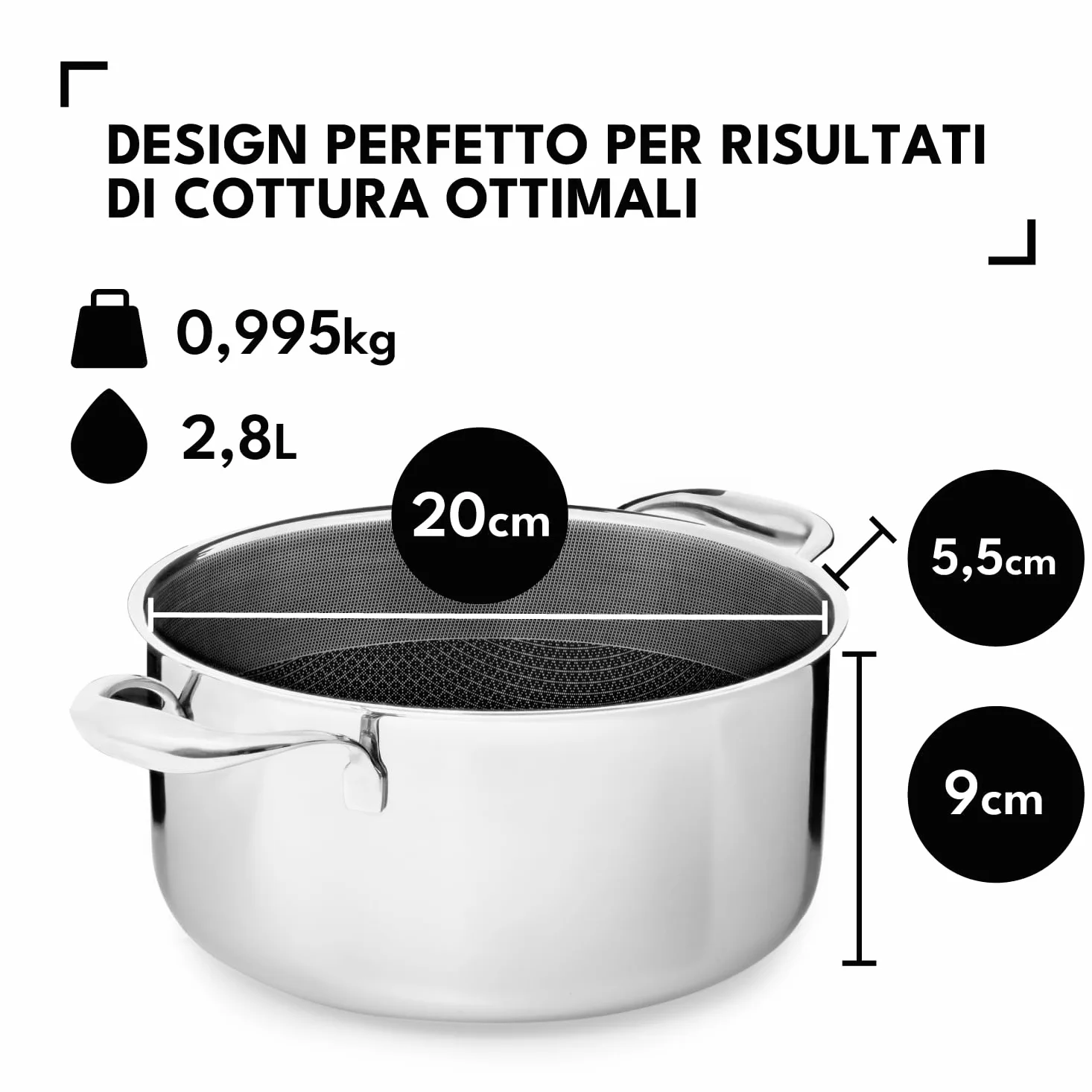 Onyx Cookware Casseruola 20 cm, 2,8 l | Rivestita a induzione | Per tutti i tipi di piano cottura | Superficie antiaderente antigraffio | Acciaio inox/alluminio a 3 strati | Senza PFAS