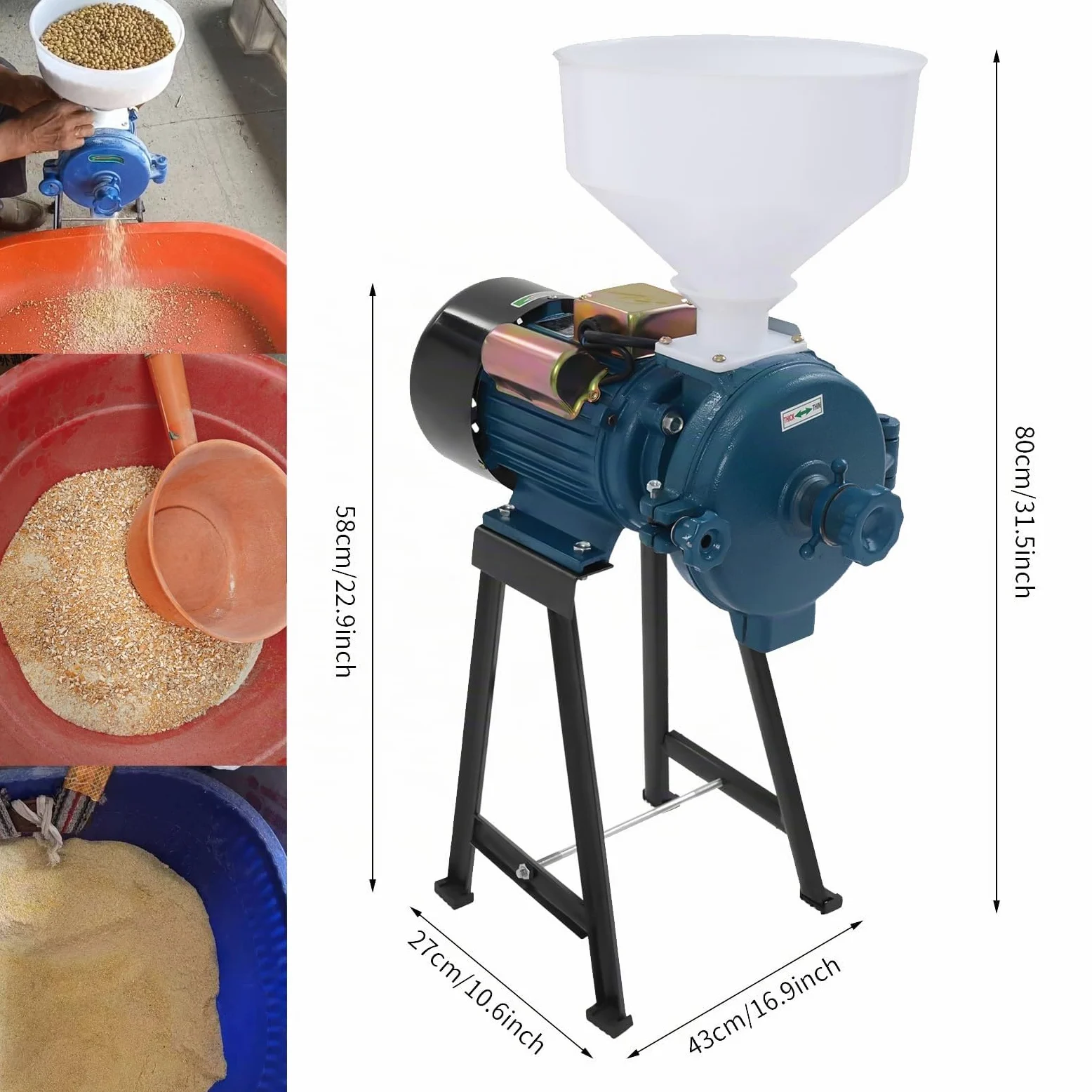 Mulino Elettrico Grano,Macina a Secco con Imbuto,Macinino Trituratore Smerigliatrice per cereali Commerciale Meccanico Elettrica può Riso Soia Sorgo e Mais 50-75kg/h(Blu)