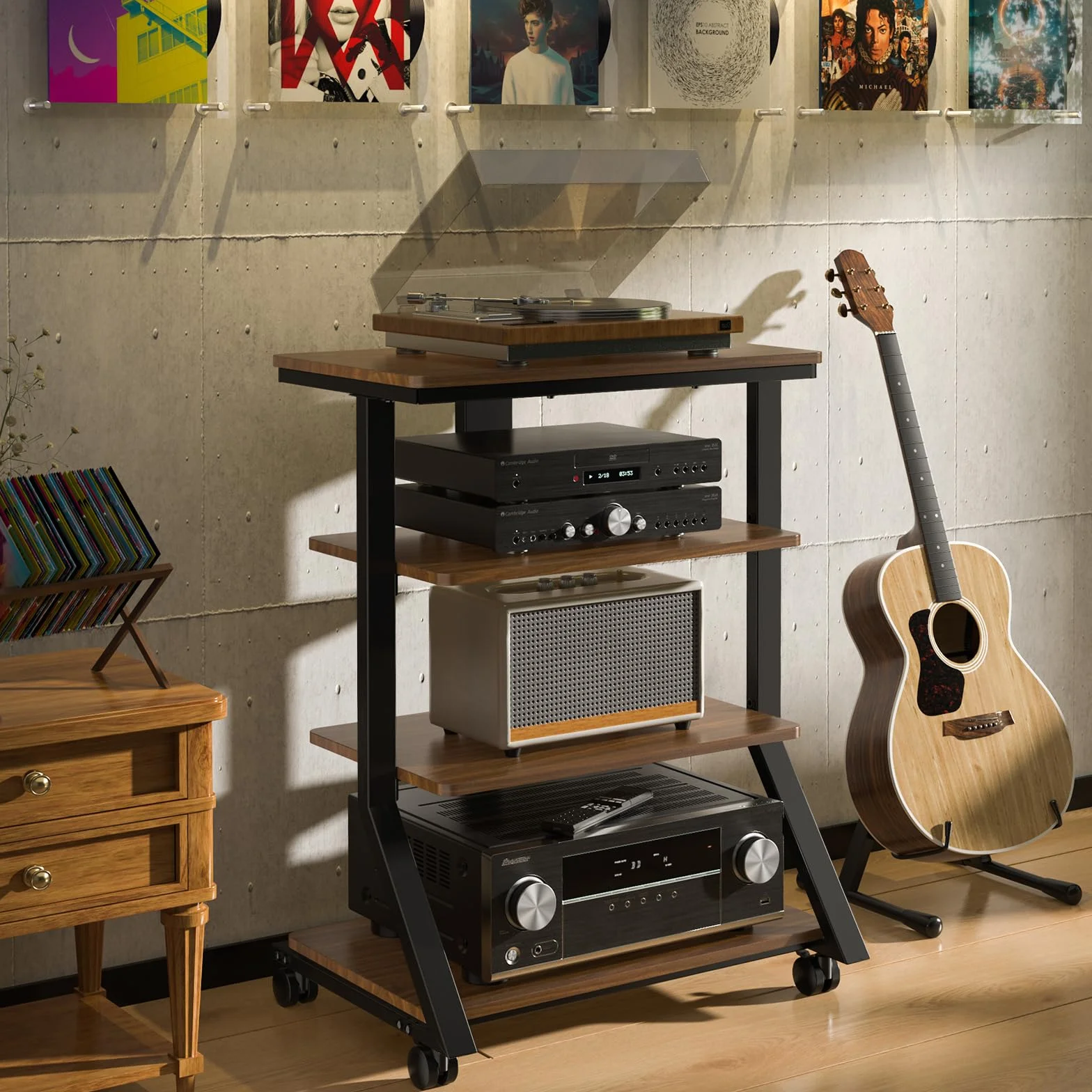 5Rcom Rack e supporti HiFi Audio Rack Armadio AV Mensola Movimento Stand 4 Ripiani in legno per Giradischi Lettore DVD Unità di intrattenimento Multifunzionale Altezza Regolabile Capacità di carico 54