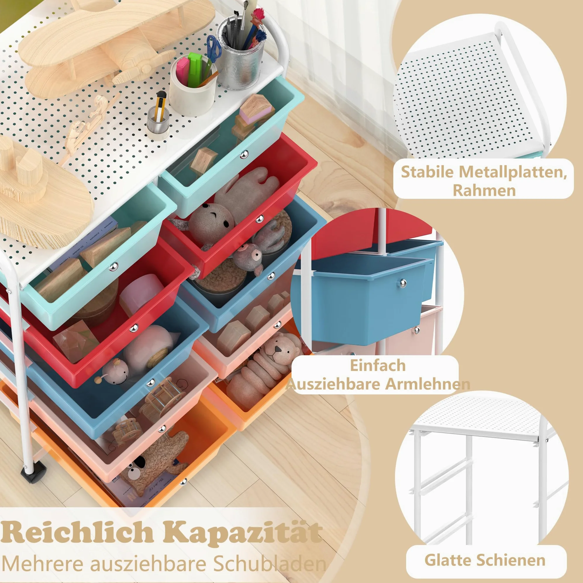 Carrello con 10 cassetti, impilabile, colorato, con struttura in metallo e ripiano, per ufficio, soggiorno (65 x 37 x 87 cm)