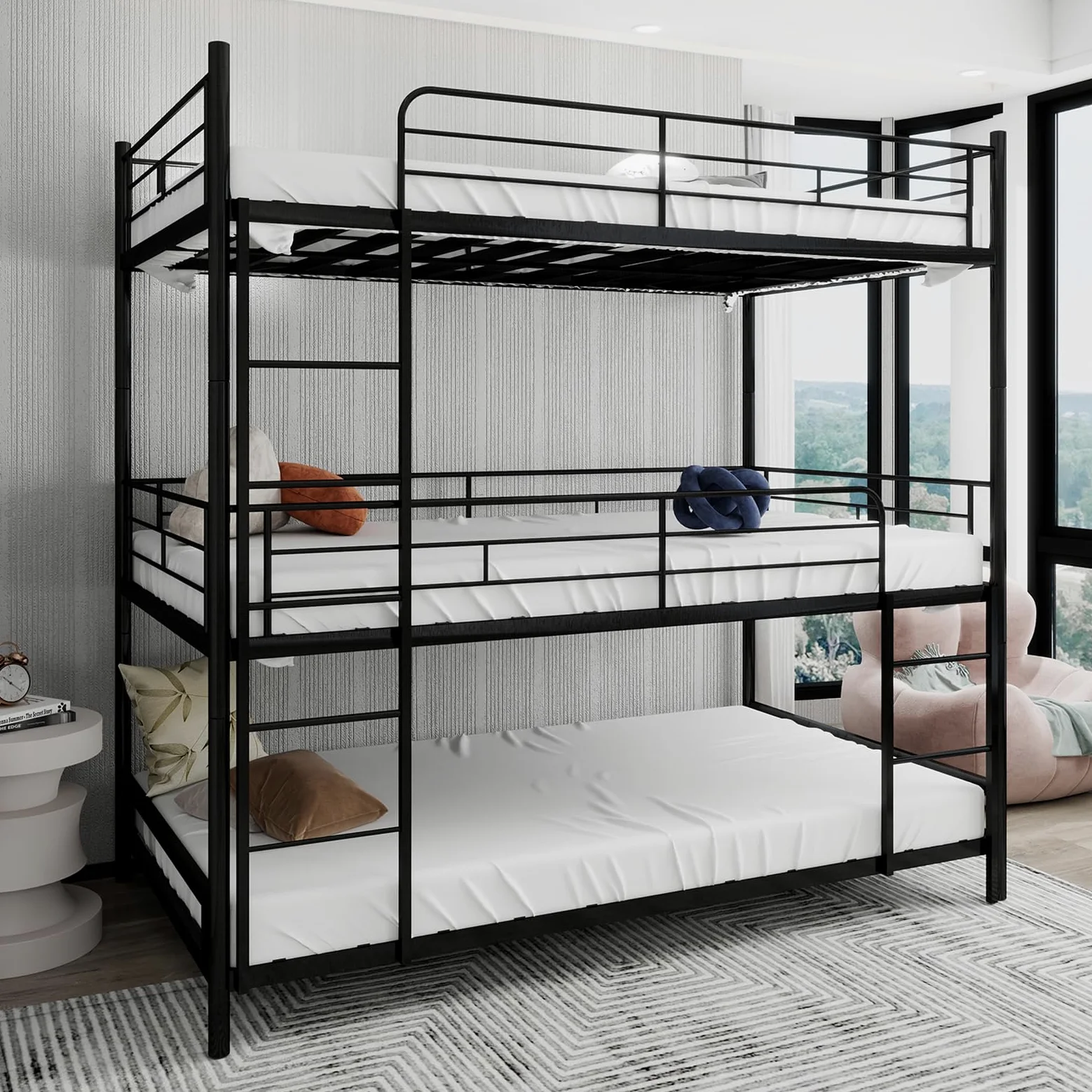 Letto a castello a tre piani, 90 x 190 cm, con scaletta, in metallo nero, per bambini/adolescenti/adulti, camera da letto/dormitorio (senza materasso)