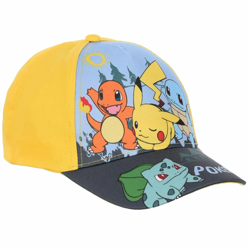 Pokémon Cappellino Bambino Visiera Regolabile Giallo Pikachu Charmander Squirtle Bulbasaur 100% Cotone