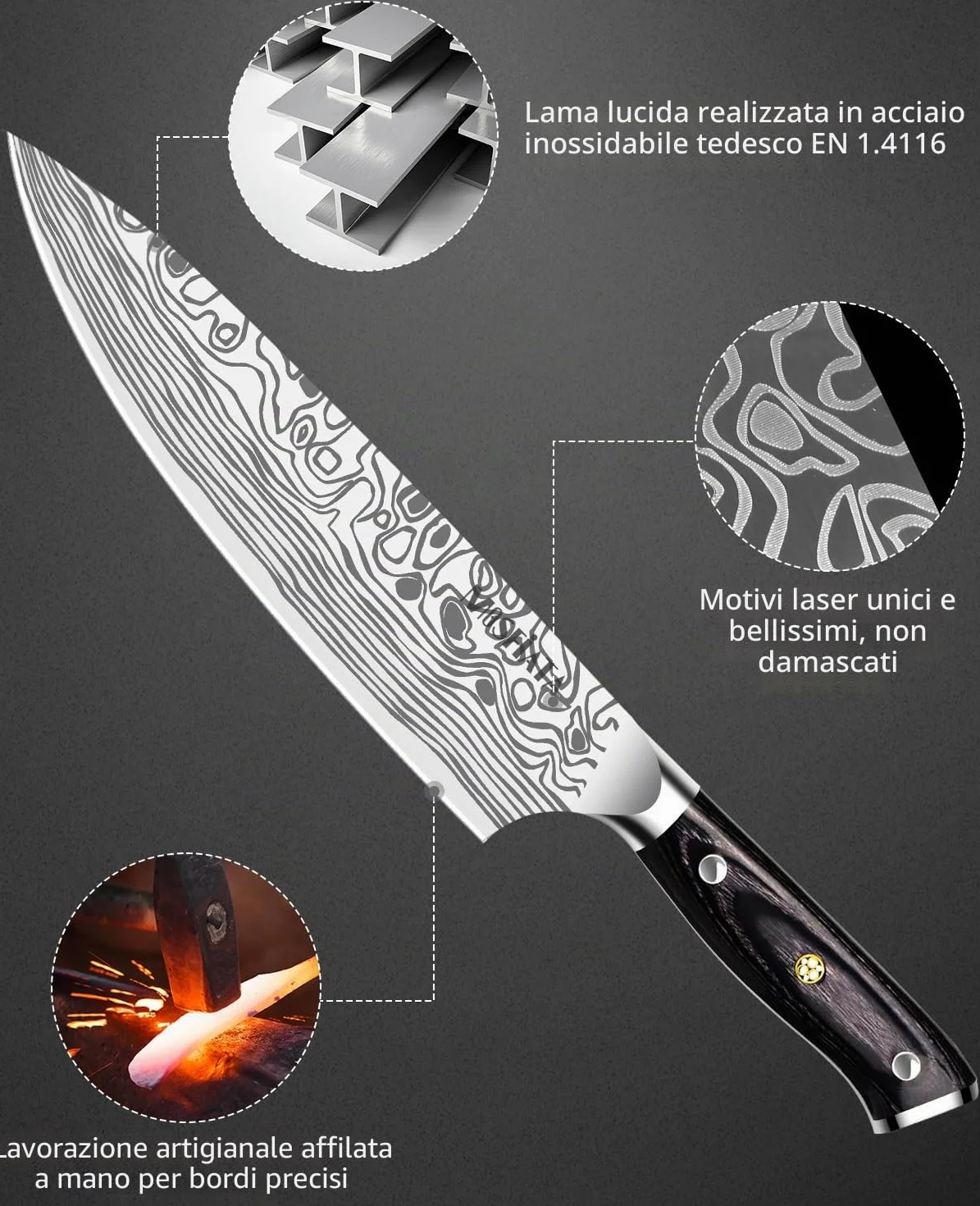 MOSFiATA Coltelli da Cucina Professionale Chef con Fodero, Protezione del Dito e Affilatore, in Acciaio Inossidabile con Manico Micarta - 20CM
