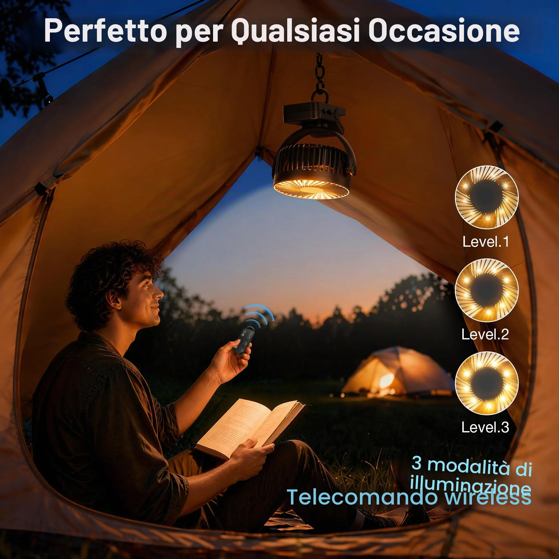 Ventilatore da Tavolo 4 in 1 USB Ventilatore Portatile 12000mAh e Telecomando Ricaricabile Luce LED 3 Velocità Timer Rotazione 360°, Ventilatore Pinza per Esterno Auto Passeggino Campeggio, Nero