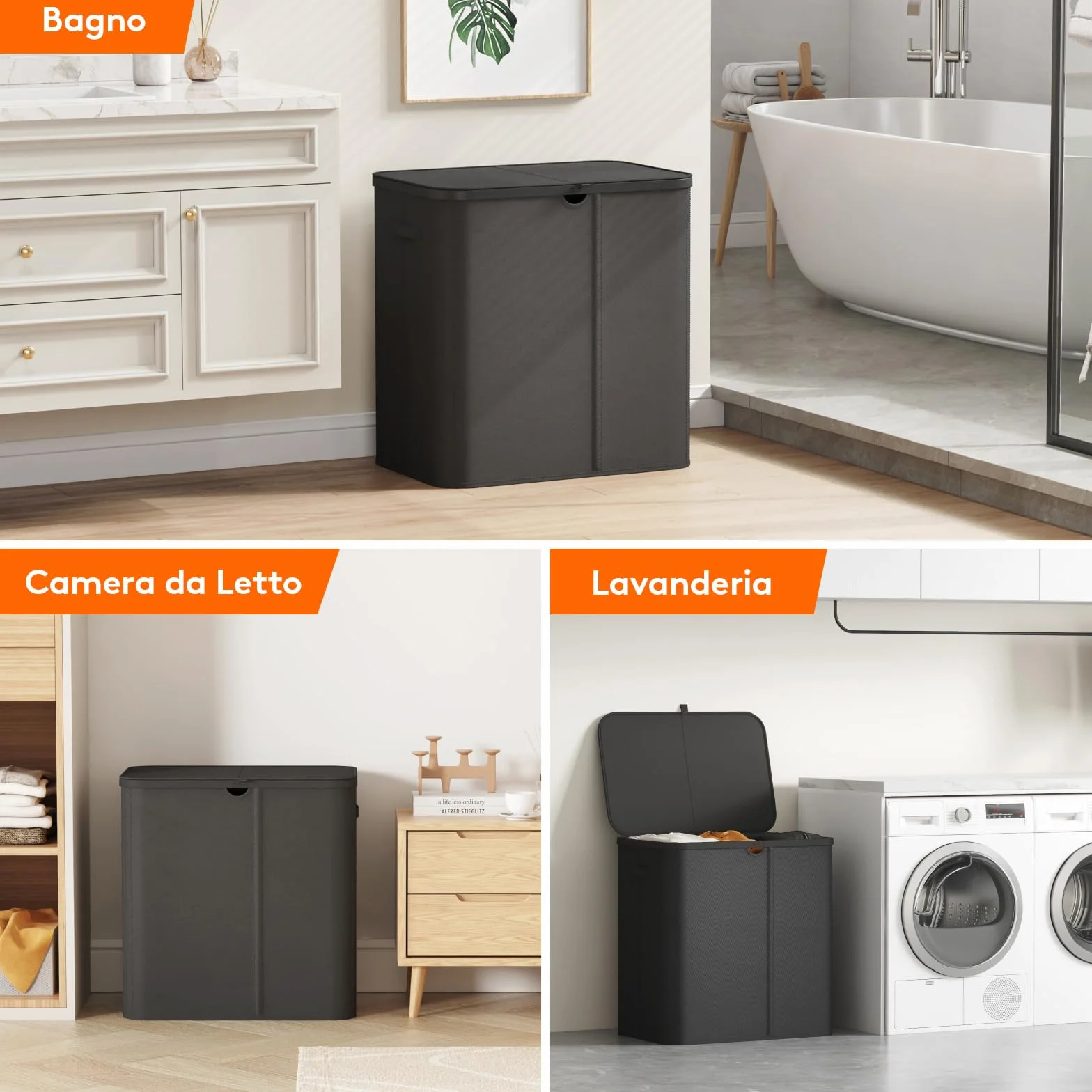 Lifewit Cesto Portabiancheria con Coperchio, Grande Portabiancheria Pieghevole a 3 Scomparti con Sacchi Rimovibili, Laundry Basket per Camera da Letto, Bagno e Lavanderia, 150L, Nero