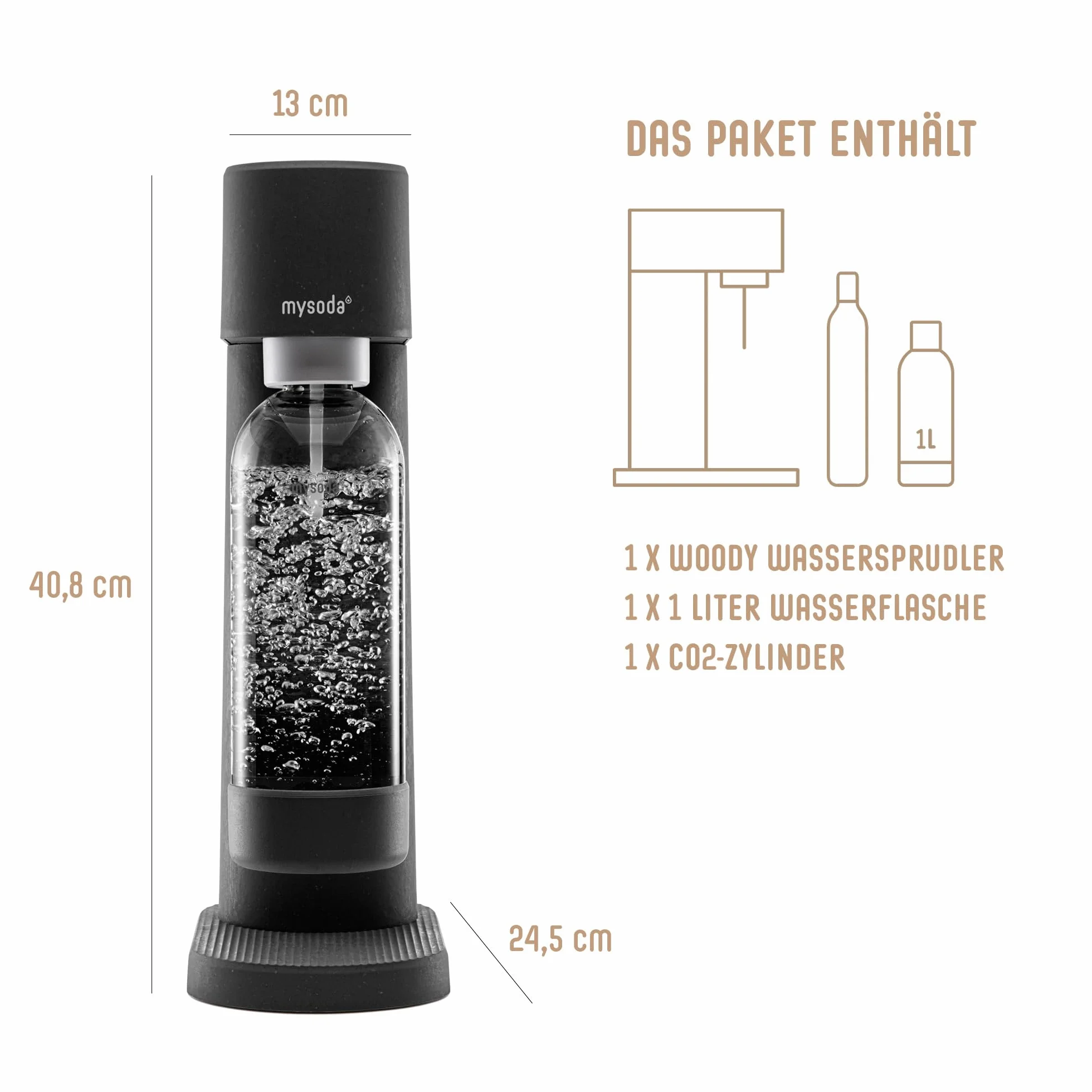 Mysoda Woody Gasatore d’acqua frizzante composito legno con bottiglia PET e bombola CO2 Nero