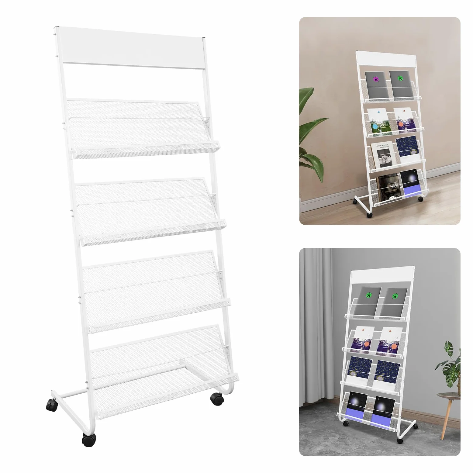 Portariviste a 4 piani, bianco con ruote, per atelier, biblioteche, uffici, 63 x 36 x 148 cm