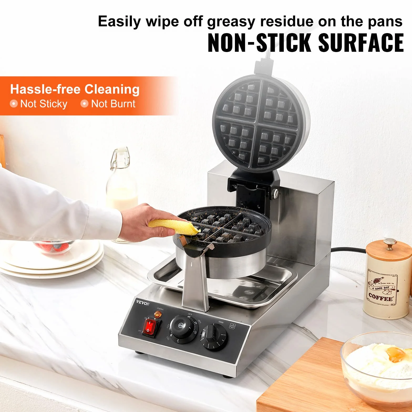 VEVOR Macchina per Waffle Belga Rotondo in Acciaio Inox Antiaderente 1300W Temperatura Controllata 50℃-300℃, Macchina Waffle Piastra Doppia Antiaderente Teglia 190,5 mm con Manico Girevole in Acciaio