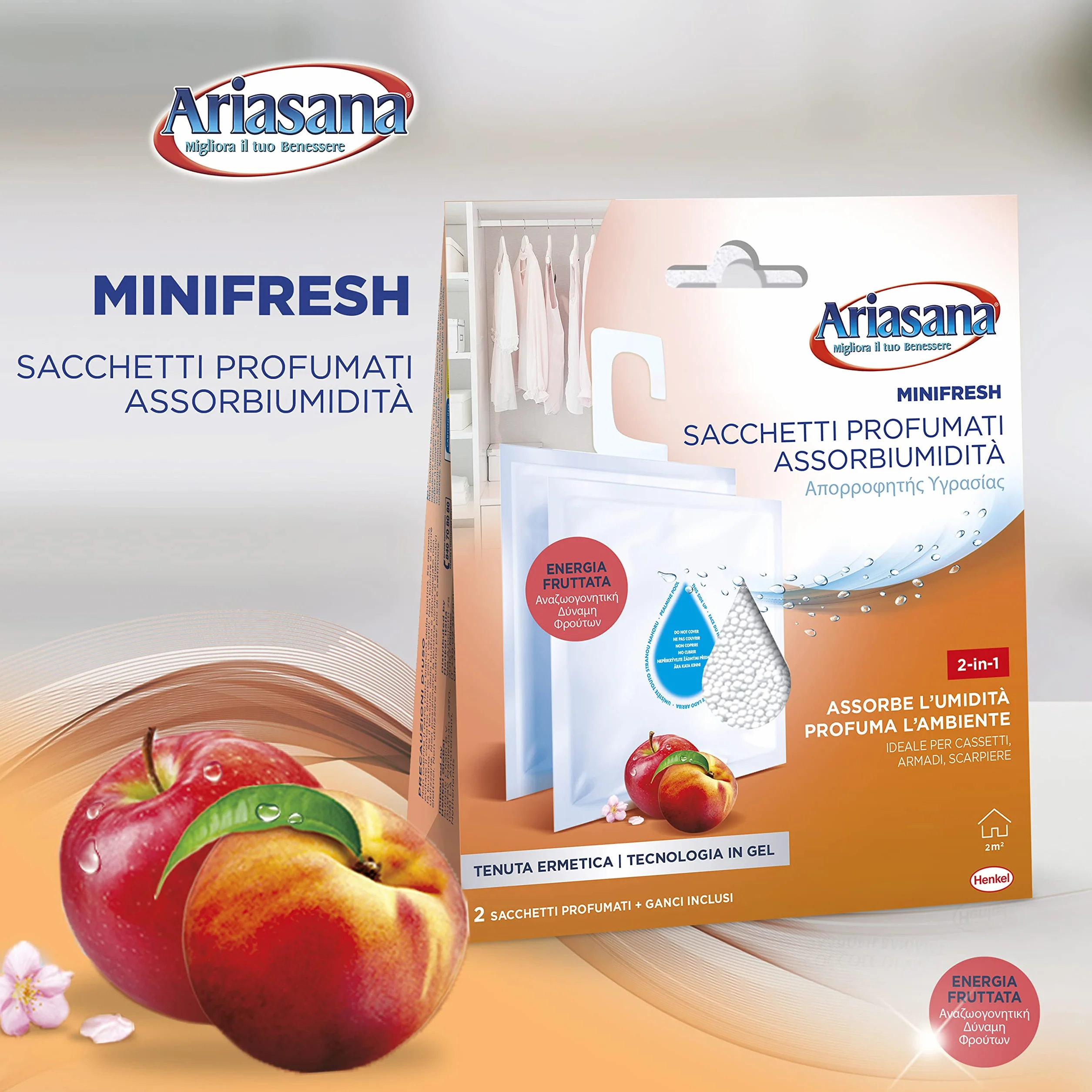 Ariasana Minifresh Energia Fruttata Sacchetti profumati 2in1, Sacchetti con doppia azione assorbiumidità e antiodore, Deodorante cassetti e armadi, 2 sacchetti da 50g