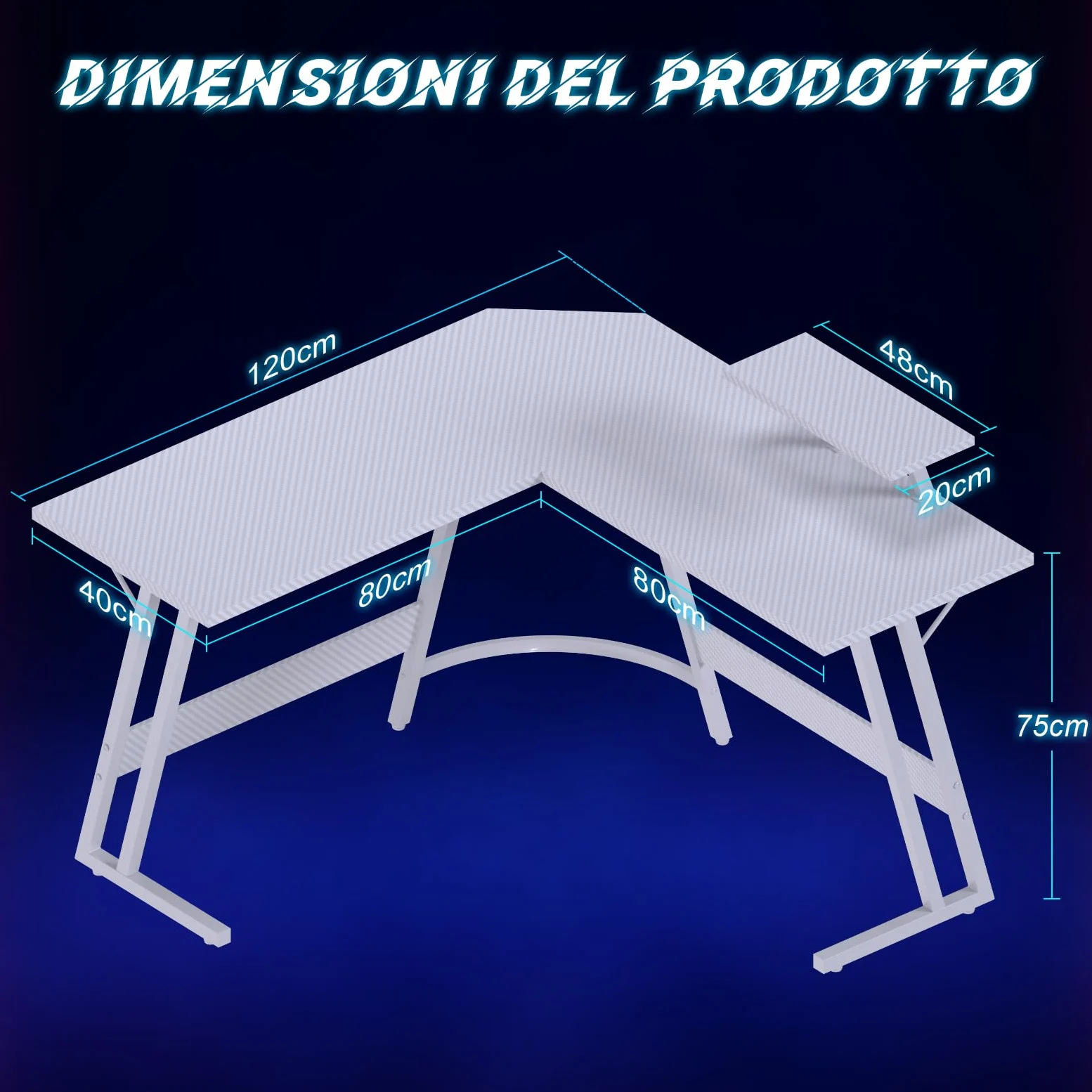 JUMMICO Scrivania Angolare, Scrivania Gaming 120x120cm - Tavolo da Gioco a L con Supporto Reversibile per lo Schermo - Versatile (gioco/lavoro/studio) - Rivestita in Carbonio - Bianco
