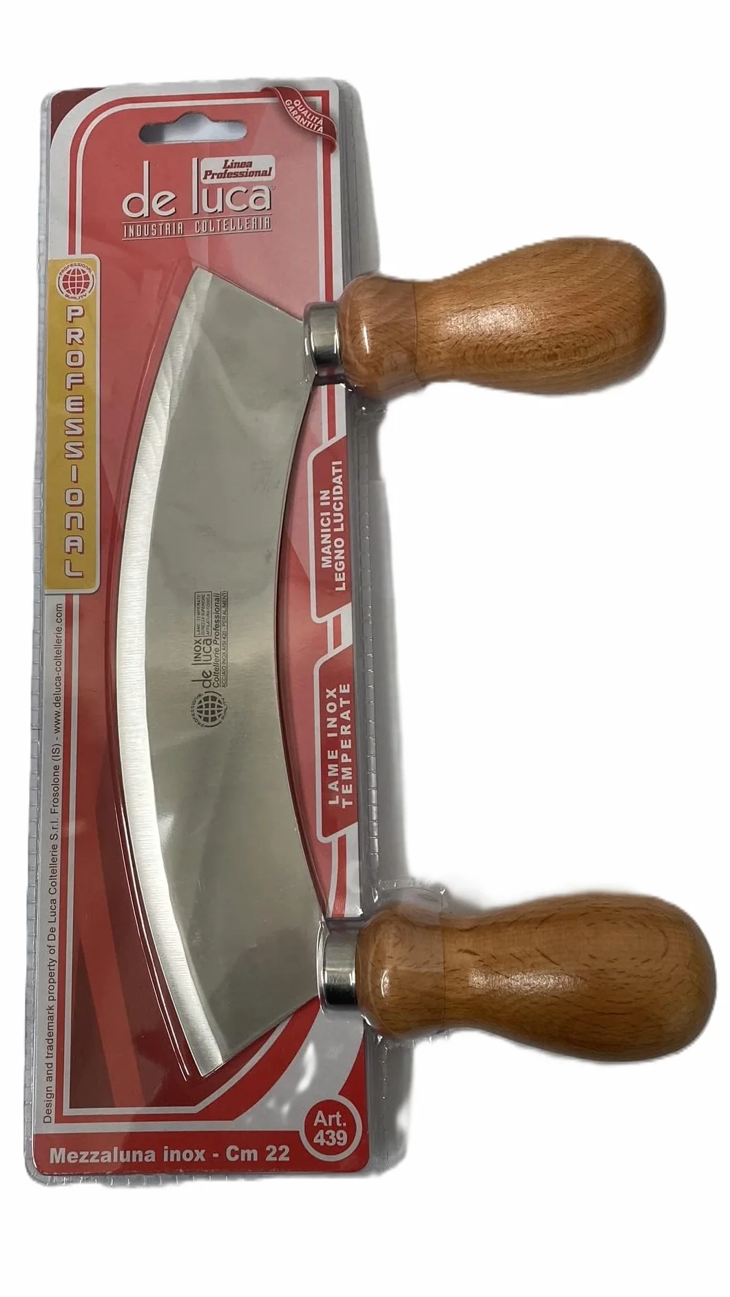 HOMELY MEZZALUNA -cm 22 lame inox temperate manici legno lucidati linea professionali per alimenti ART 439
