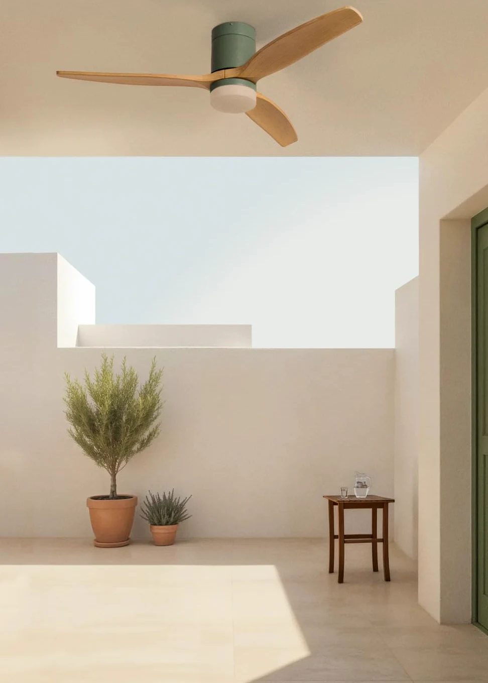 CREATE / WINDCALM M/Ventilatore da soffitto ABS con luce verde sage pale effetto legno chiaro e telecomando / 40W, Silenzioso, Ø132 cm, 3 temperature di luce, temporizzatore, funzione estate-inverno