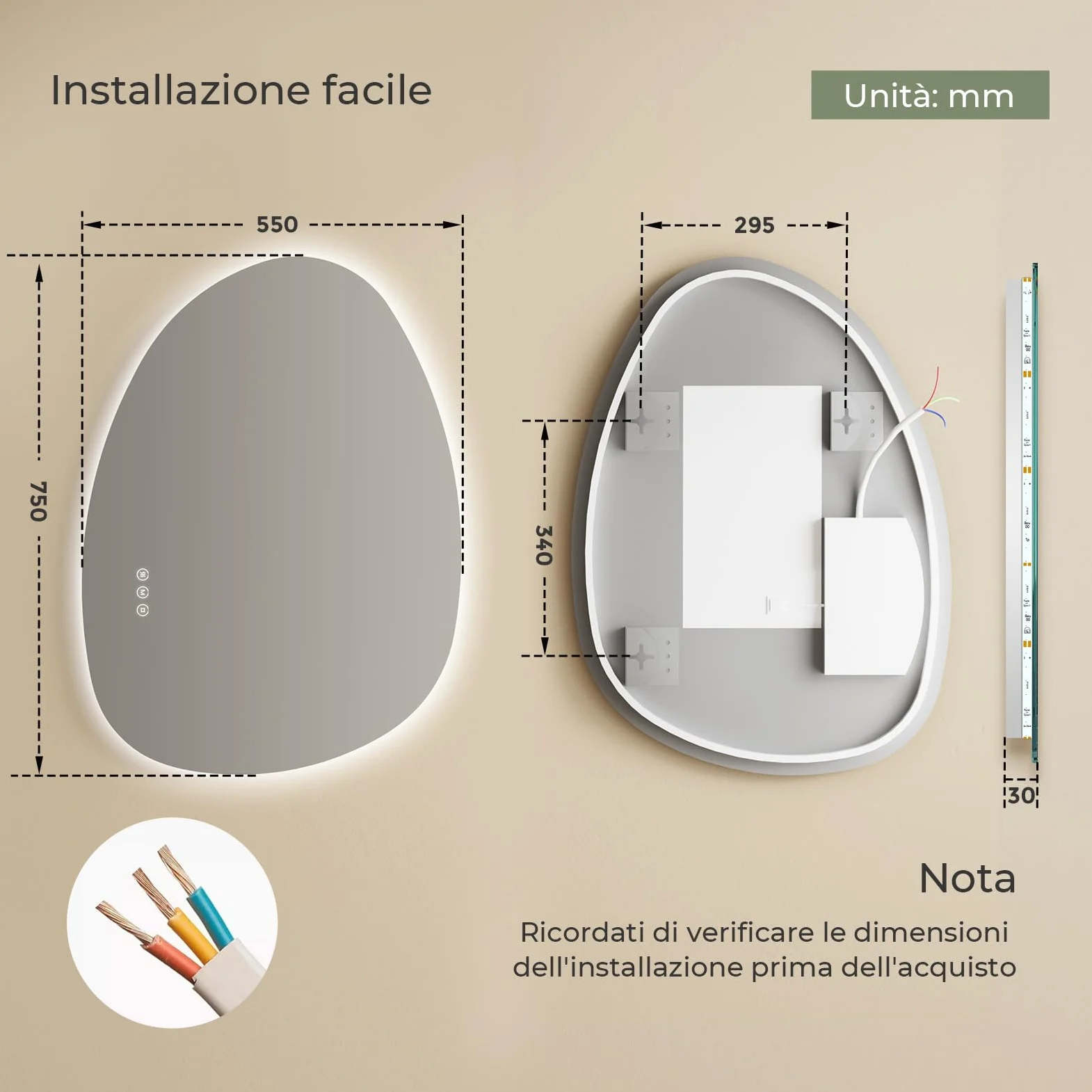 S'AFIELINA Specchio da bagno con luci a LED,75 x 55 cm,con interruttore Smart Touch,luce dimmerabile in 3 colori,anti-appannamento,funzione memoria,retroilluminato,specchio bagno asimmetrico