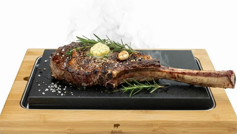 Set di mattoni lavici per bistecche, extra grande, in pietra calda, in pietra lavica e piastra in porcellana, carne, pesce grigliato su pietra calda (XXL)