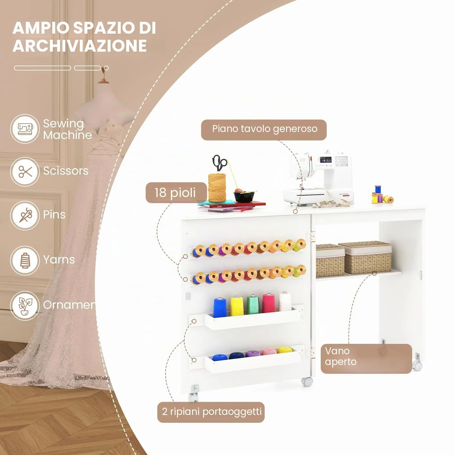 GIANTEX Tavolo Cucire con Ruote, Tavolino Cucito Pieghevole, Asse da Stiro Richiudibile, Mobile per Macchina da Cucire a Scomparsa, Allungabile a 3 Livelli, 58x40x78 cm, 2 Colori Disponibili