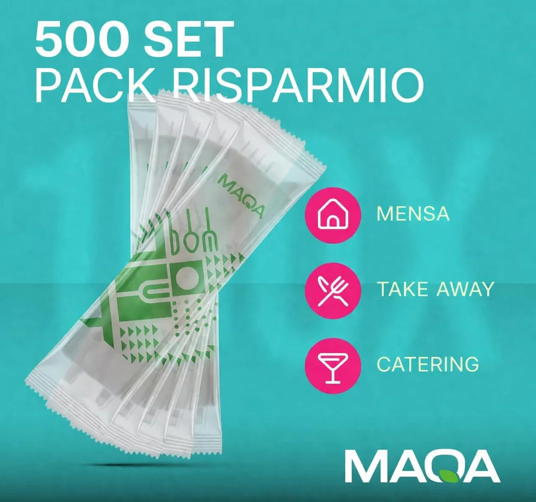 Posate Biodegradabili e Compostabili 500 Set – Forchetta e Coltello Imbustati Singolarmente, Resistenti fino a 70°C