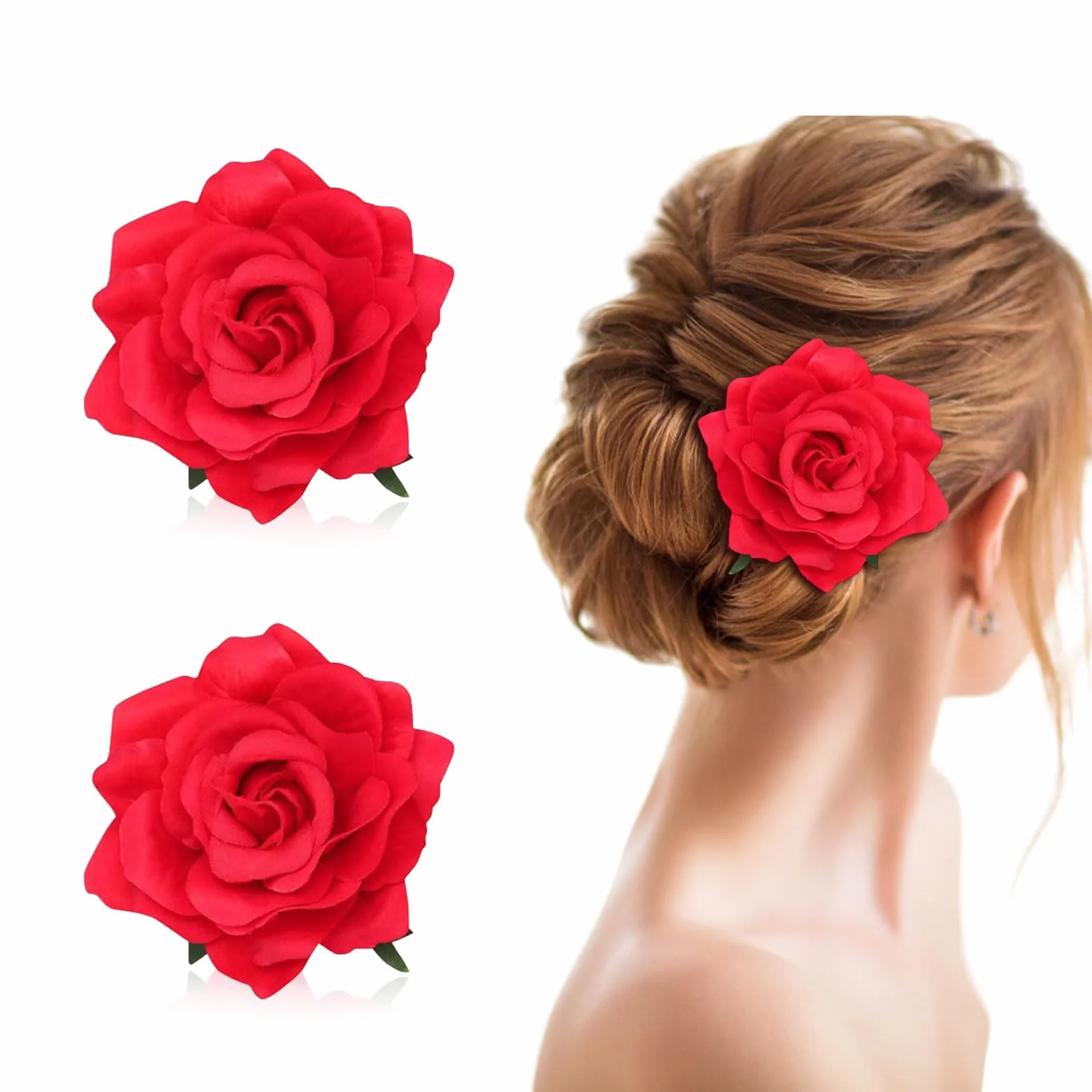 Fermagli per Capelli Fiori, Spilla Fiore Stoffa Grande, Clip a Fiore per Donna Halloween Natale Rosso