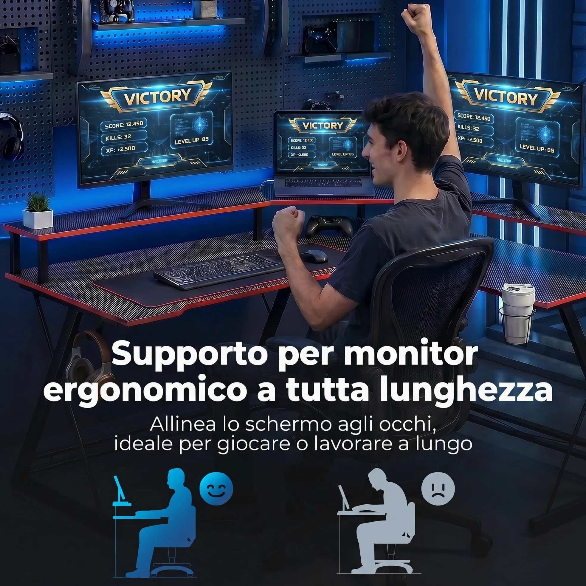 HOMCOM Scrivania Gaming Angolare Tavolo ad L 128x128cm Nero Carbonio | Stazione di Ricarica, Supporto per PC, Gancio per Cuffie, Portabicchieri, Computer Ufficio Studio