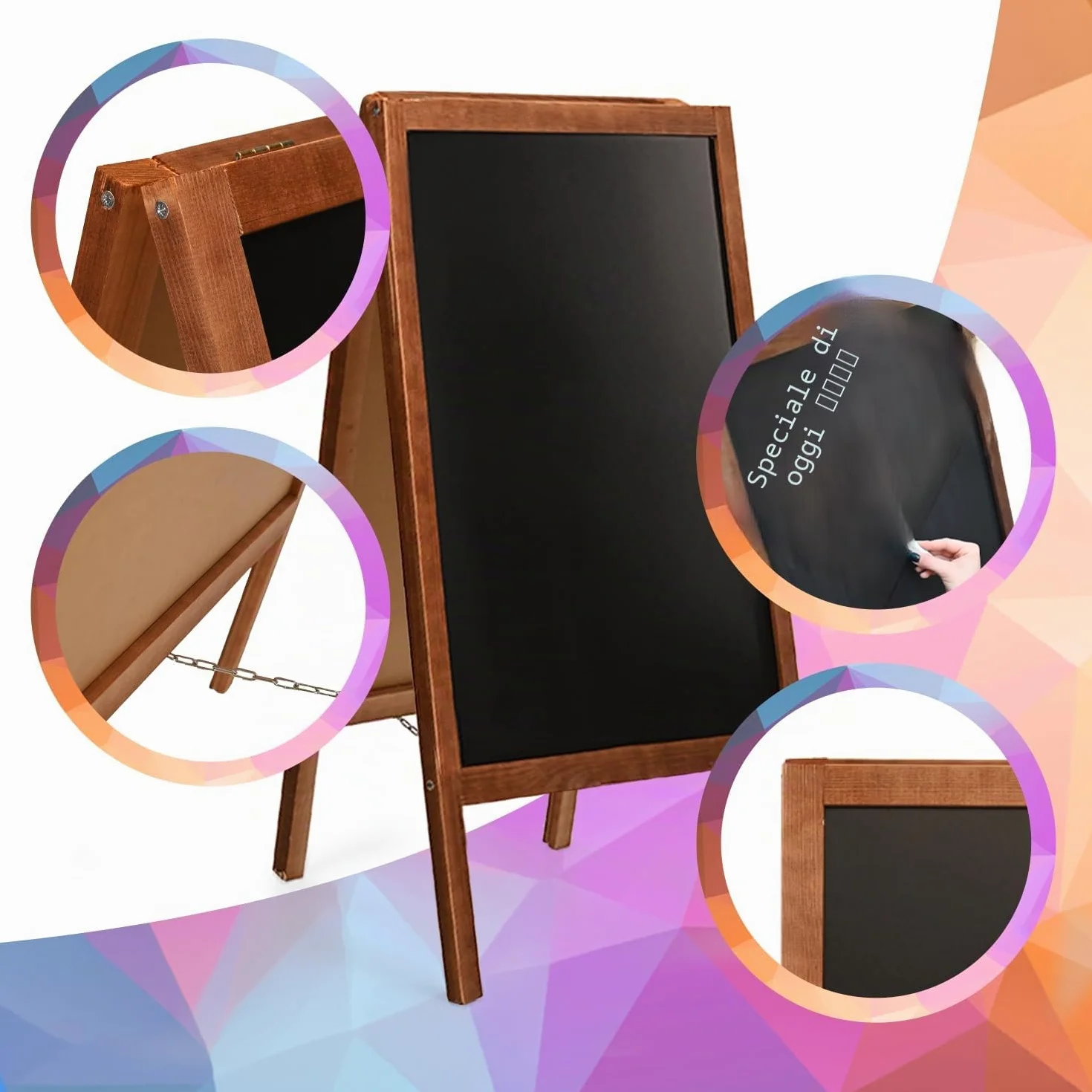 MG Design Cavalletto lavagna in legno 60 × 120 cm – bifacciale scrivibile, richiudibile e lavabile – cartello pubblicitario per ristoranti, negozi ed eventi