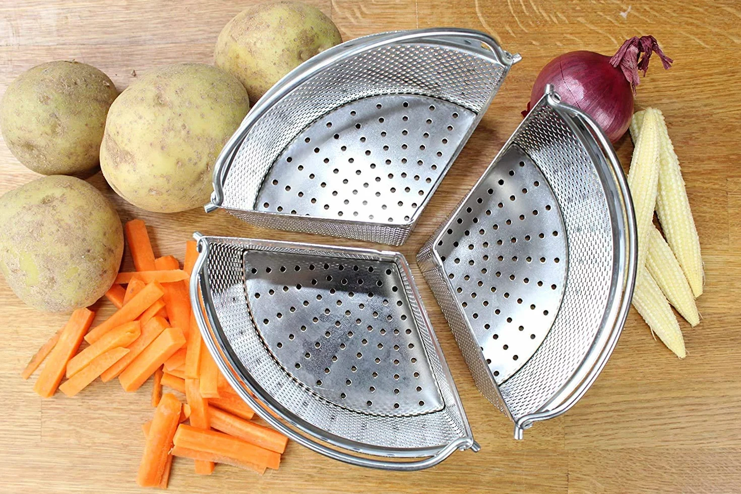 Saucepan Triple Divider And Separator Set - Saves Energy and Space When Cooking. Three Part Professional 18cm Stainless Steel Strainer. Vegetables, Potatoes, Mussels, Boiled Eggs. Pan Not Included.