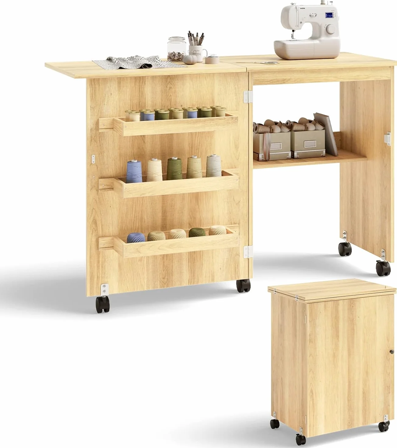 FANTASK Armadio da cucito pieghevole 2 in 1, tavolo da cucito in legno con 3 ripiani per bobine, armadietto per macchina da cucire per soggiorno, camera da letto e ufficio, beige
