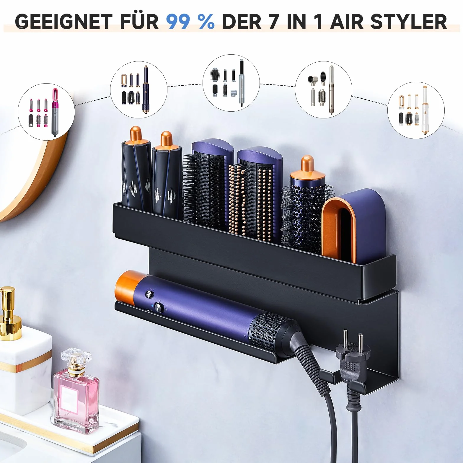 YYBO Supporto Asciugacapelli da Parete, Porta Phon da Muro Adesivo per Asciugacapelli Accessori Styler Curling Device, Porta Phon e Piastra per Camera da Letto, Bagno (Nero)