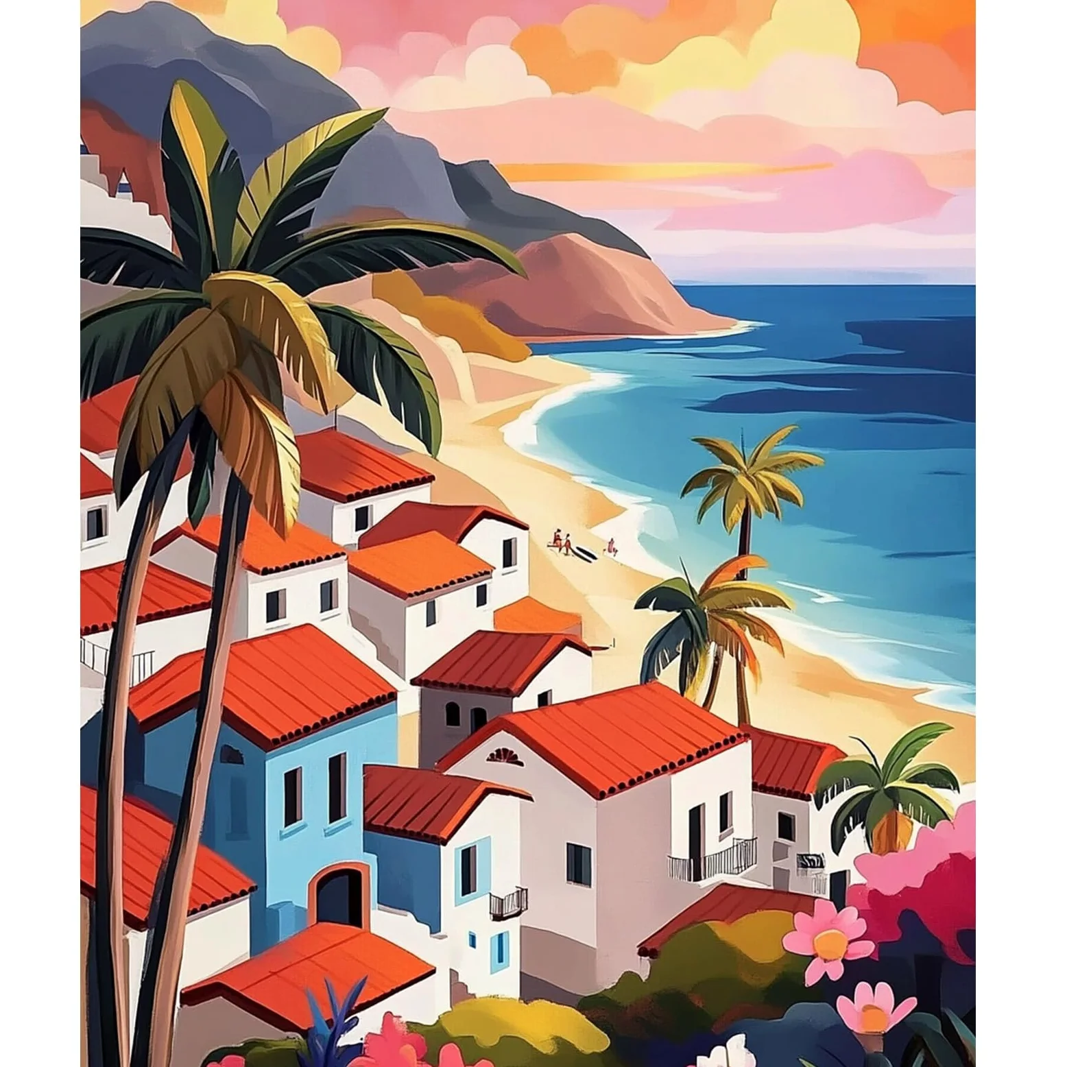 NEWENMO Cielo Rosa Dipingere con i Numeri Kit,Paesaggio Marino Paint by Numbers Adulti,Palma Pittura con i Numeri,Dipingi con i Numeri Adulti,Kit di Pittura a Olio,Decorazione per Casa 40x50cm