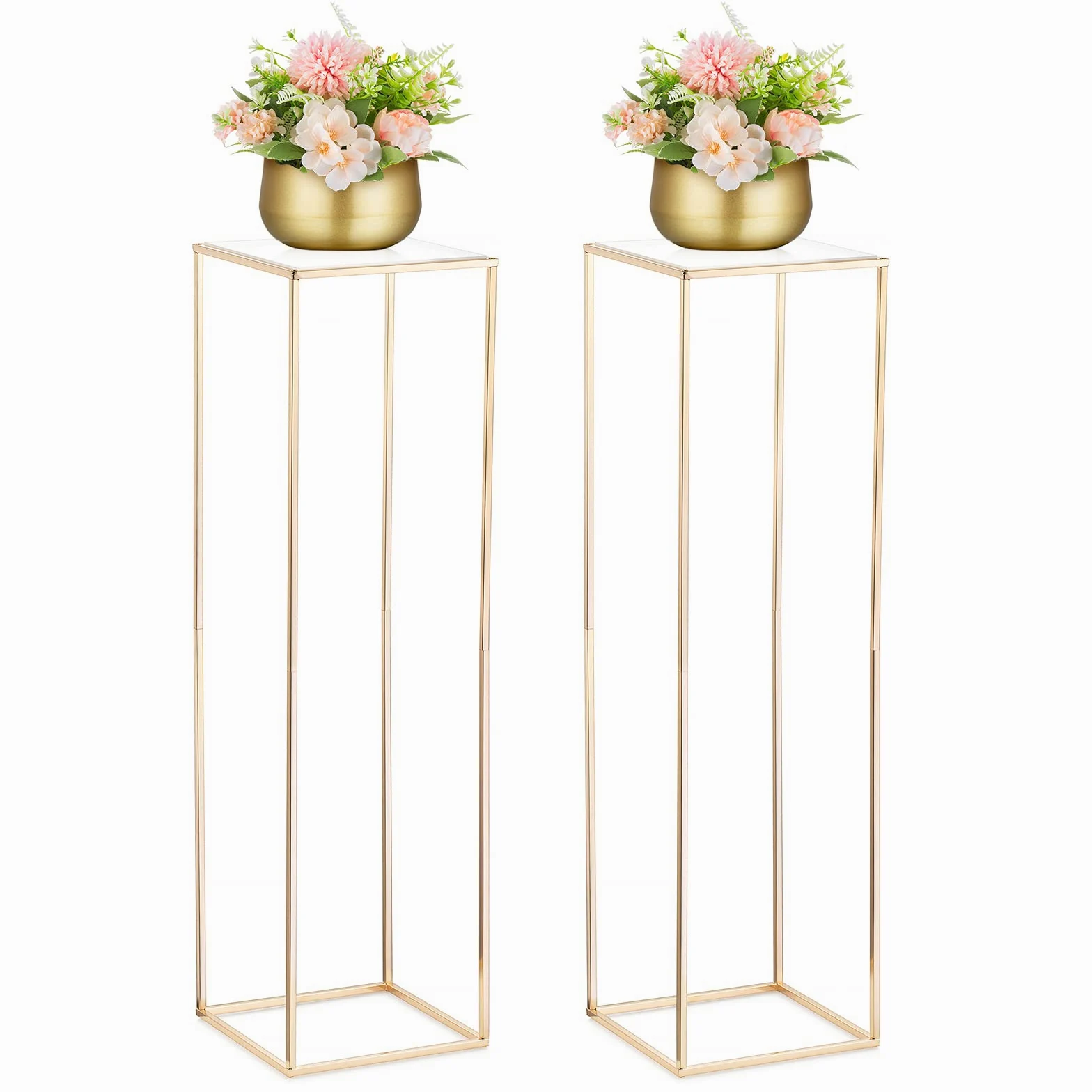 NUPTIO Vaso Oro per Centrotavola Matrimonio: 2 Pezzi Vasi Fiori Alti 100cm Colonna con Pannello Acrilico Rettangolare Metallo Porta Fiori per Decorazioni Feste Compleanno - Espositori Geometrici