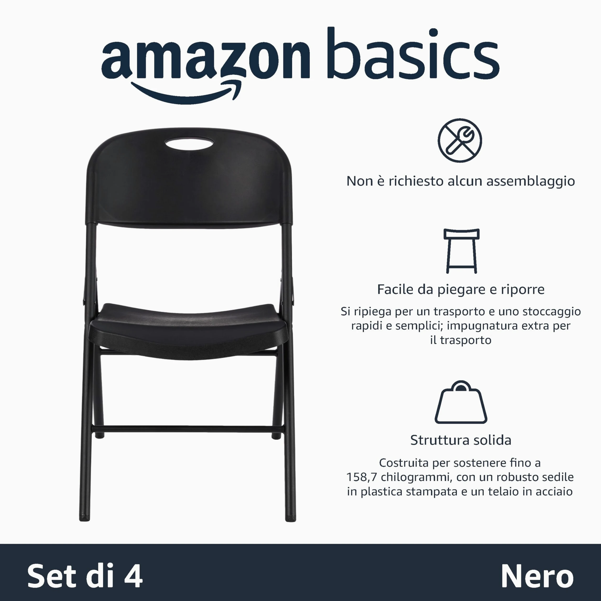 Amazon Basics Set di 4 sedie pieghevoli in plastica e metallo, da campeggio o da cucina, per interni ed esterni, nero, capacità di carico fino a 158 kg
