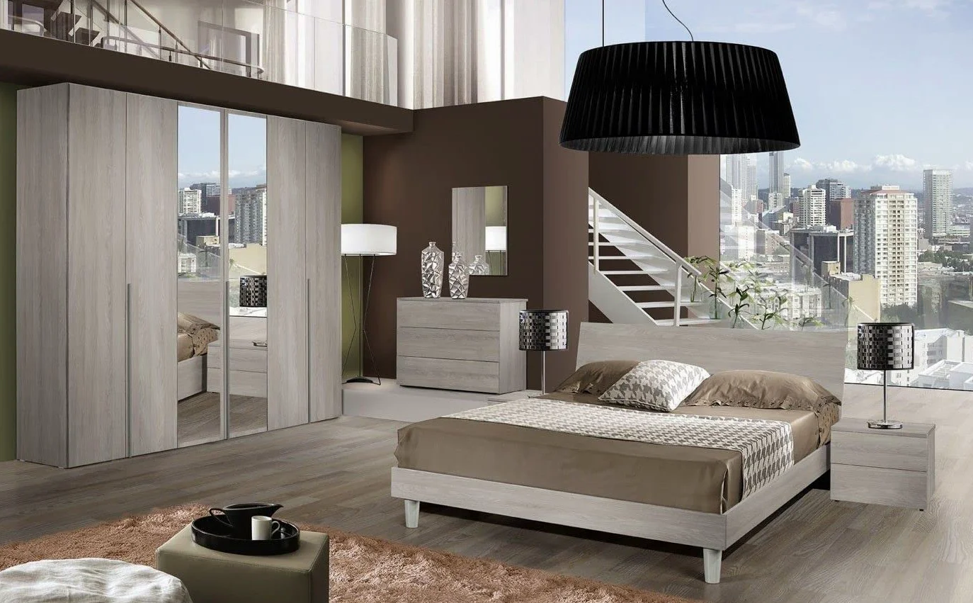 My Brand Germanvox Camera da Letto Moderna Completa Olmo Perla con Armadio 6 ante battenti con specchi centrali, Letto matrimoniale, comò, comodini e specchio