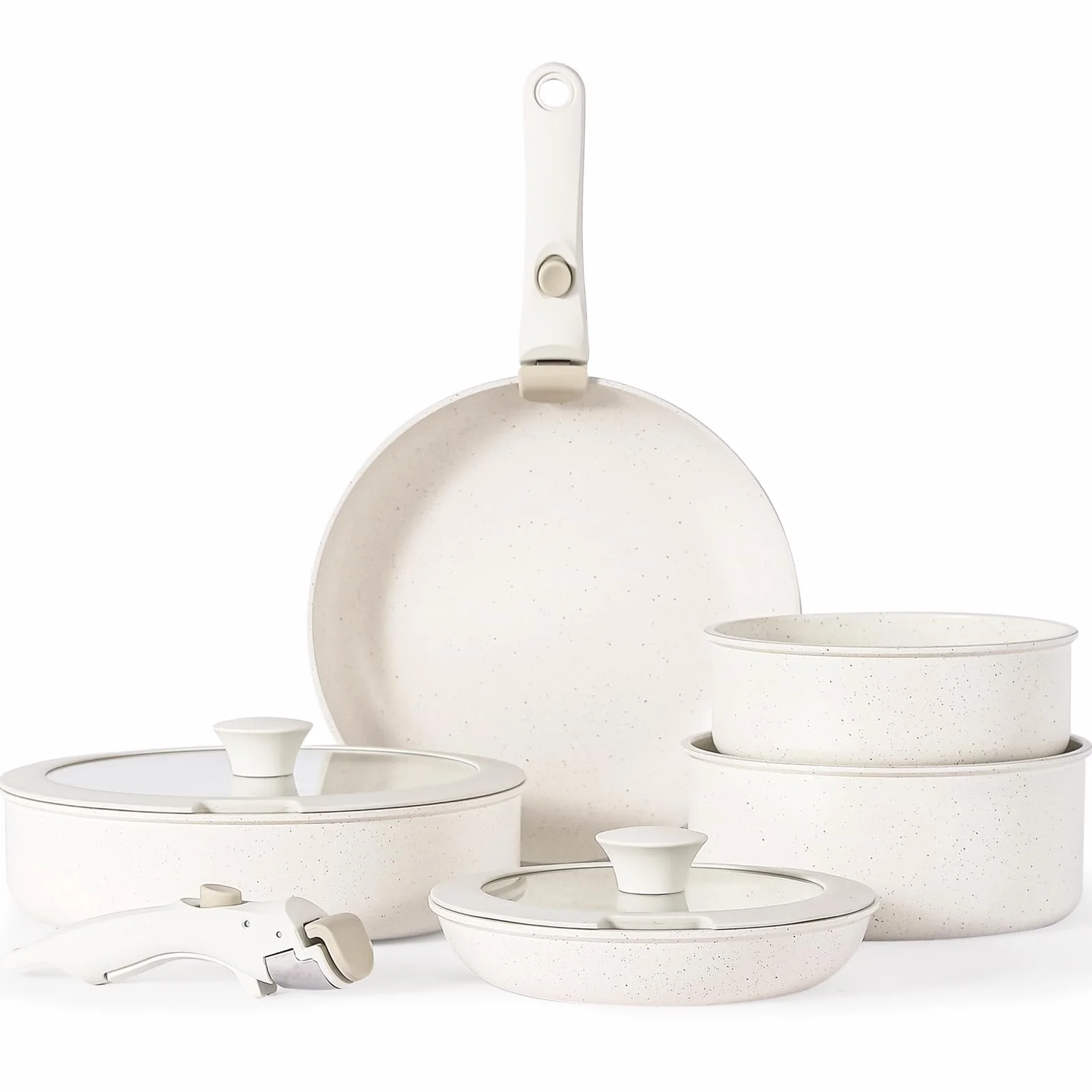 9 pentole e padelle in ceramica antiaderente, manico rimovibile，atossiche, adatte all'induzione e alla cottura in forno, senza PTFE e PFOS, bianco